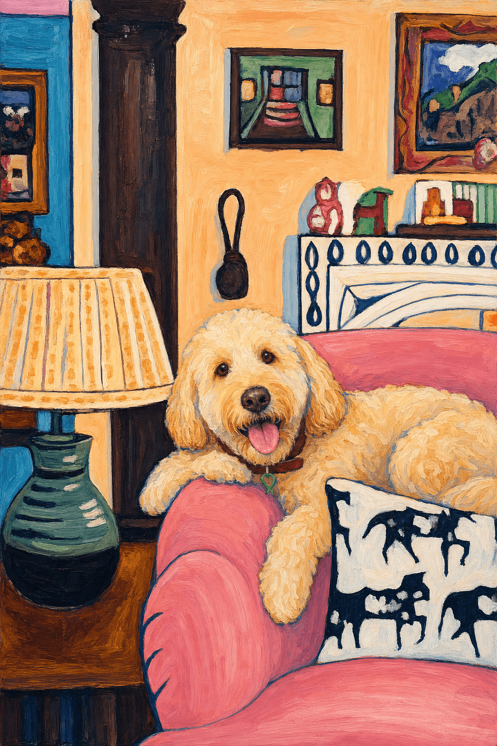 The painting shows a cozy, colorful interior with a warm peach wall and a large pink sofa in the foreground.
On the sofa is a white pillow patterned with black cow silhouettes, which adds a playful, rustic touch.
The pet is resting lazily on a bright pink velvet couch. The husky’s head is rested on the arm of the couch, looked completely relaxed and content.
The overall mood is cheerful and intimate, with bold outlines, visible brushstrokes, and slightly simplified forms.
Paint in Fauvism, post-impressionism style. Use simplified shapes, exaggerates color, and flattens perspective to create charm and personality.
Use saturated, non-naturalistic colors and flattened perspective reminiscent of Henri Matisse.
The brushwork is loose, visible, and painterly, with uneven strokes that give the surface texture and movement.
The composition is flattened and slightly distorted, with compressed perspective.
The painting is expressive, utilizing thick, confident strokes and quick, rhythmic marks that prioritize texture and visual energy over realistic blending or depth.