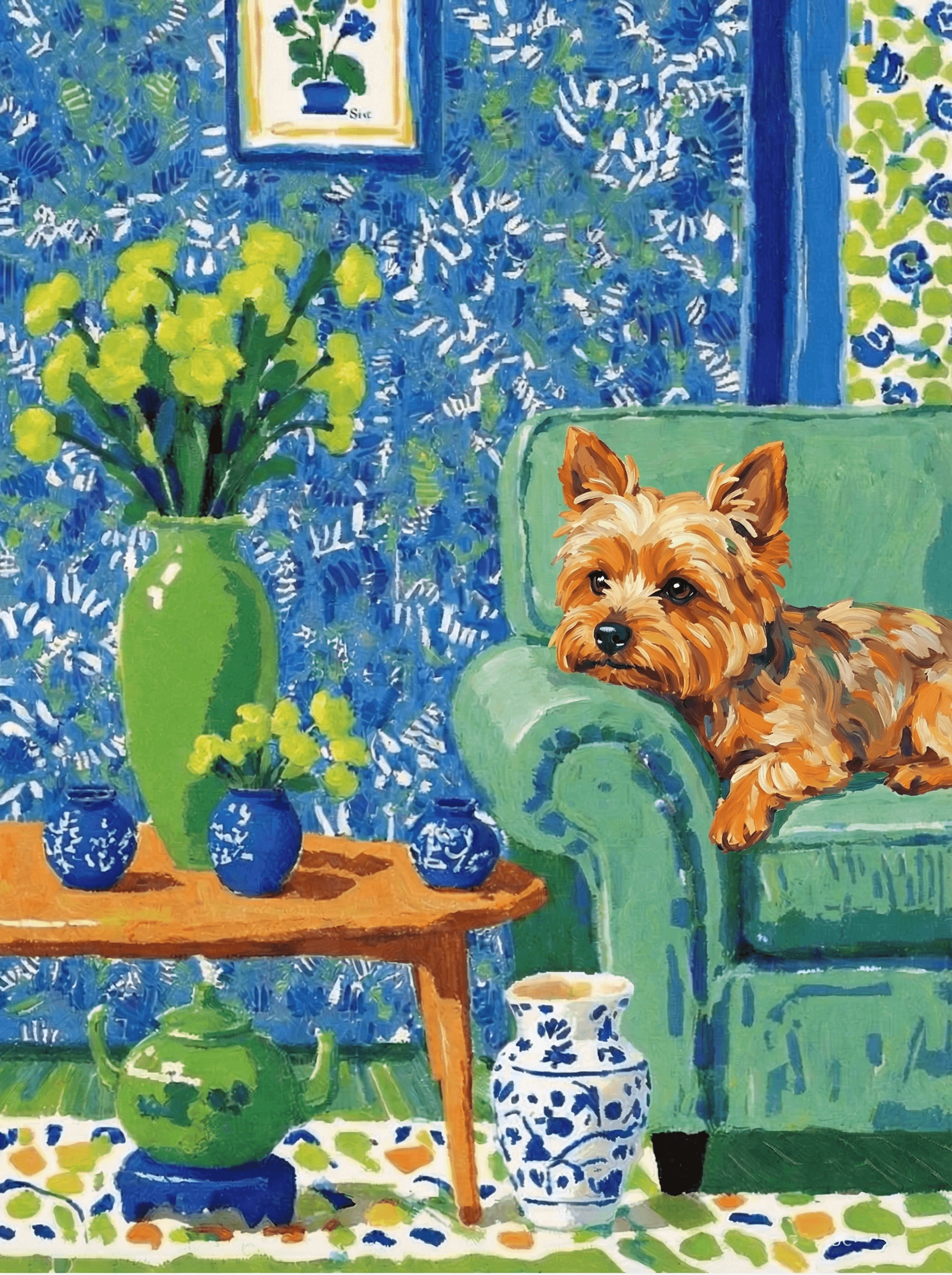 A pet lazy lying on the couch, with head tilt on the edge of couch, eye looking at the the vase. paint in post-impressionism style. Use saturated, non-naturalistic colors and flattened perspective reminiscent of Henri Matisse. painterly and expressive, utilizing thick, confident strokes and quick, rhythmic marks that prioritize texture and visual energy over realistic blending or depth.