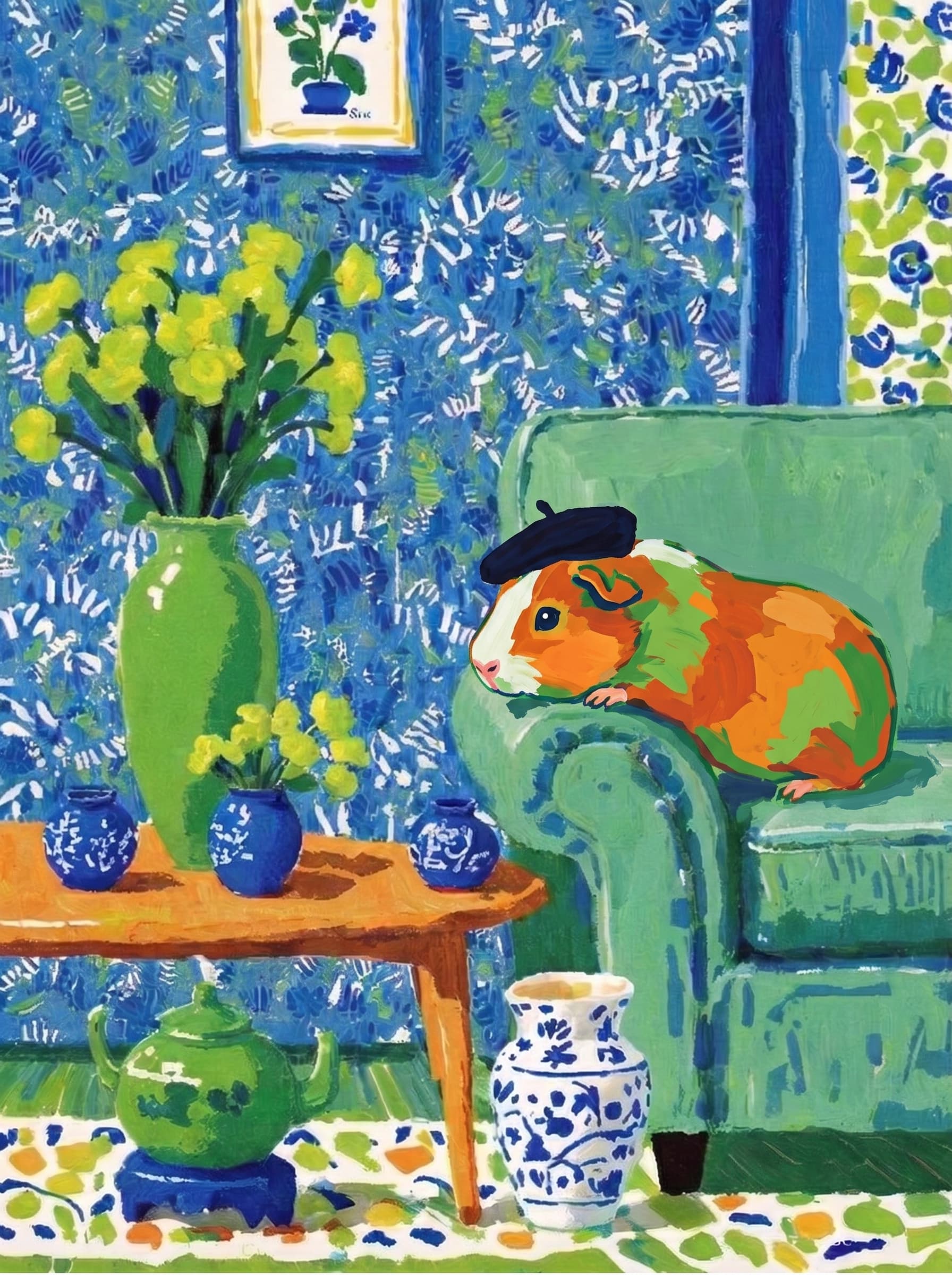 A pet lazy lying on the couch, with head tilt on the edge of couch, eye looking at the the vase. Art Style: Paint in Fauvism, post-impressionism style. Use simplified shapes, exaggerates color, and flattens perspective to create charm and personality.
Use saturated, non-naturalistic colors and flattened perspective reminiscent of Henri Matisse.
The brushwork is loose, visible, and painterly, with uneven strokes that give the surface texture and movement.
Paint with large areas of flat color patches, simplified shapes, bold decorative outlines, and minimal blending.
The composition is flattened and slightly distorted, with compressed perspective.
The painting is expressive, utilizing thick, confident strokes and quick, rhythmic marks that prioritize texture and visual energy over realistic blending or depth.