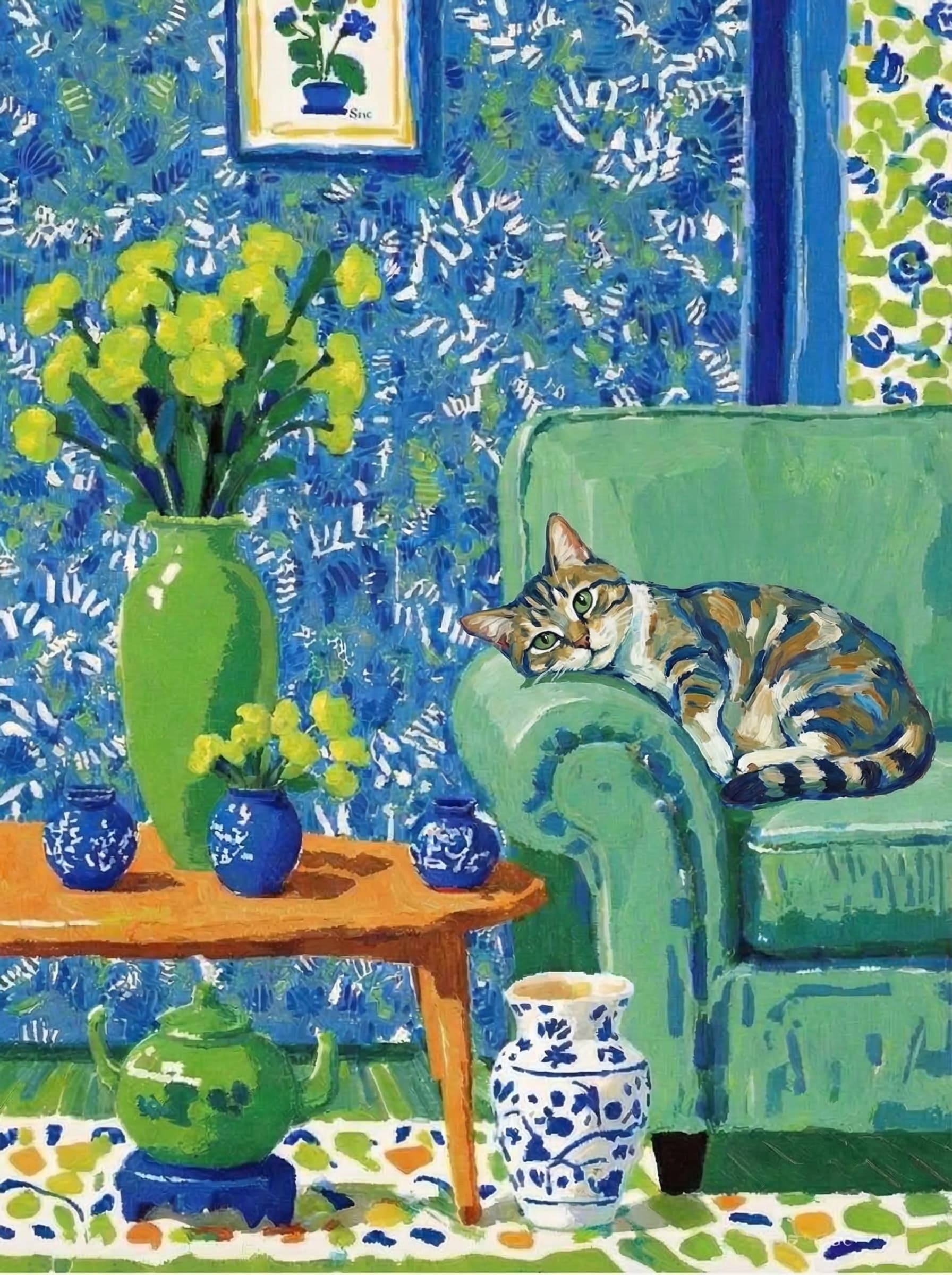 A pet lazy lying on the couch, with head tilt on the edge of couch, eye looking at the the vase. paint in post-impressionism style. Use saturated, non-naturalistic colors and flattened perspective reminiscent of Henri Matisse. painterly and expressive, utilizing thick, confident strokes and quick, rhythmic marks that prioritize texture and visual energy over realistic blending or depth.