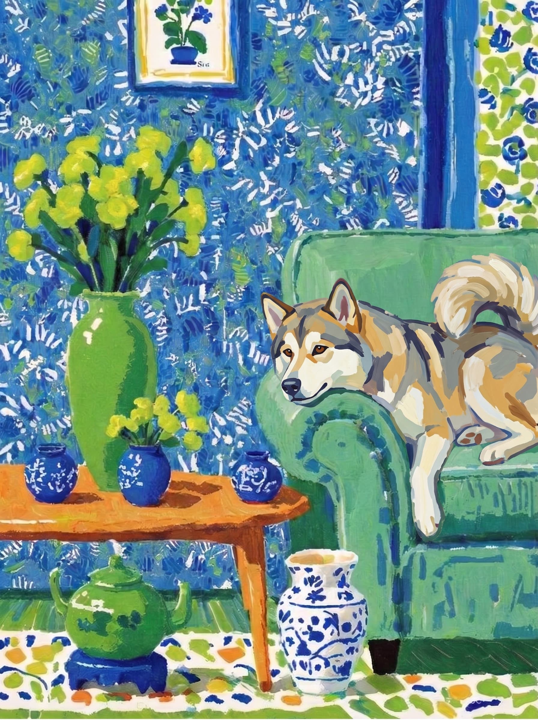 A pet lazy lying on the couch, with head tilt on the edge of couch, eye looking at the the vase. Art Style: Paint in Fauvism, post-impressionism style. Use simplified shapes, exaggerates color, and flattens perspective to create charm and personality.
Use saturated, non-naturalistic colors and flattened perspective reminiscent of Henri Matisse.
The brushwork is loose, visible, and painterly, with uneven strokes that give the surface texture and movement.
Paint with large areas of flat color patches, simplified shapes, bold decorative outlines, and minimal blending.
The composition is flattened and slightly distorted, with compressed perspective.
The painting is expressive, utilizing thick, confident strokes and quick, rhythmic marks that prioritize texture and visual energy over realistic blending or depth.