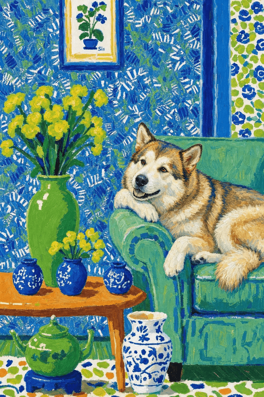 A pet lazy lying on the couch, with head tilt on the edge of couch, eye looking at the the vase. paint in post-impressionism style. Use saturated, non-naturalistic colors and flattened perspective reminiscent of Henri Matisse. painterly and expressive, utilizing thick, confident strokes and quick, rhythmic marks that prioritize texture and visual energy over realistic blending or depth.