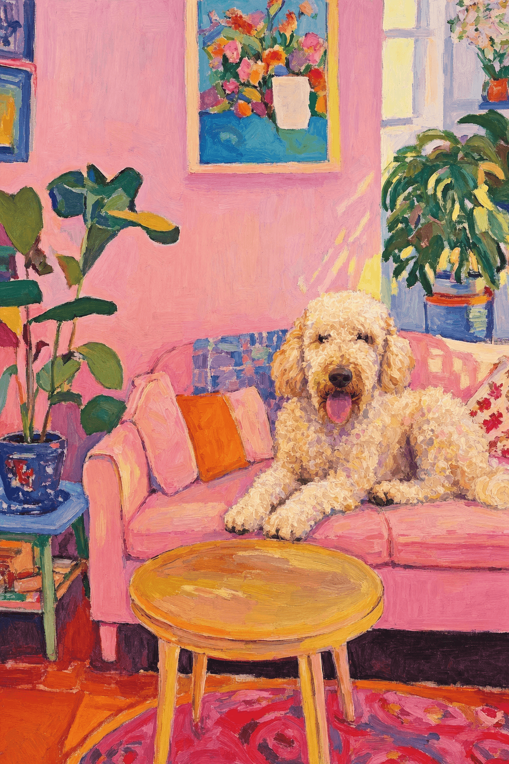 The painting shows a cozy, colorful interior with a warm pink wall and a large pink sofa in the foreground.
The pet is resting lazily on a bright pink velvet sofa. The pet’s looked completely relaxed and content.
The overall mood is cheerful and intimate, with bold outlines, visible brushstrokes, and slightly simplified forms.
Art Style: Paint in Fauvism, post-impressionism style. Use simplified shapes, exaggerates color, and flattens perspective to create charm and personality.
Use saturated, non-naturalistic colors and flattened perspective reminiscent of Henri Matisse.
The brushwork is loose, visible, and painterly, with uneven strokes that give the surface texture and movement.
Paint with large areas of flat color patches, simplified shapes, bold decorative outlines, and minimal blending.
The composition is flattened and slightly distorted, with compressed perspective.
The painting is expressive, utilizing thick, confident strokes and quick, rhythmic marks that prioritize texture and visual energy over realistic blending or depth.