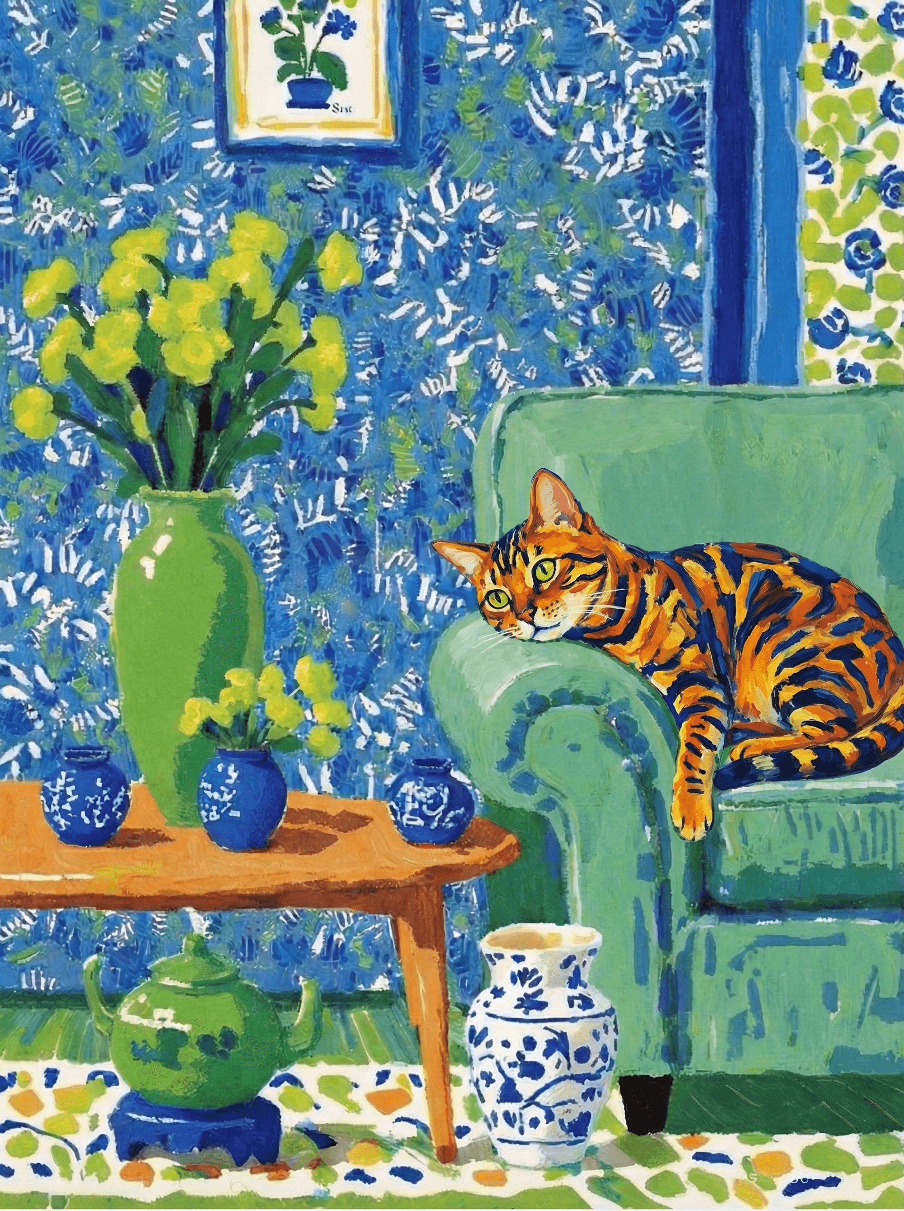 A pet lazy lying on the couch, with head tilt on the edge of couch, eye looking at the the vase. paint in post-impressionism style. Use saturated, non-naturalistic colors and flattened perspective reminiscent of Henri Matisse. painterly and expressive, utilizing thick, confident strokes and quick, rhythmic marks that prioritize texture and visual energy over realistic blending or depth.