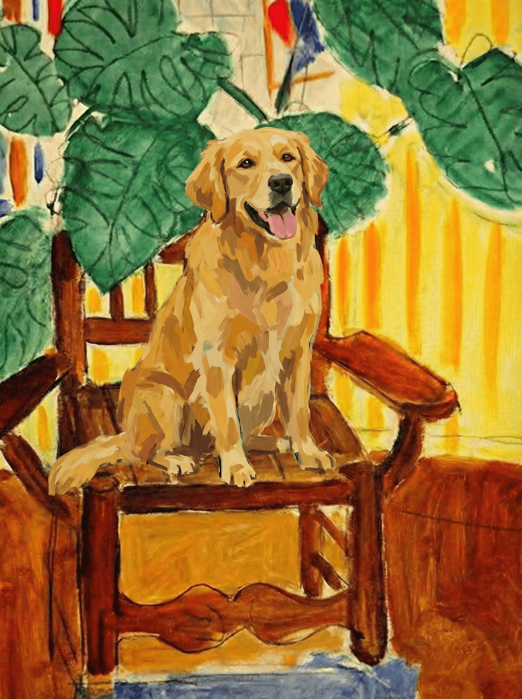 A pet sitting on a brown chair, looking at the viewer. Colors are applied with minimal blending, creating a flat, illustrative feel. The brushwork is broad, rapid, and direct. Strokes are loose, visible, applied thinly, defining the forms quickly without building up significant physical texture or impasto on the surface.