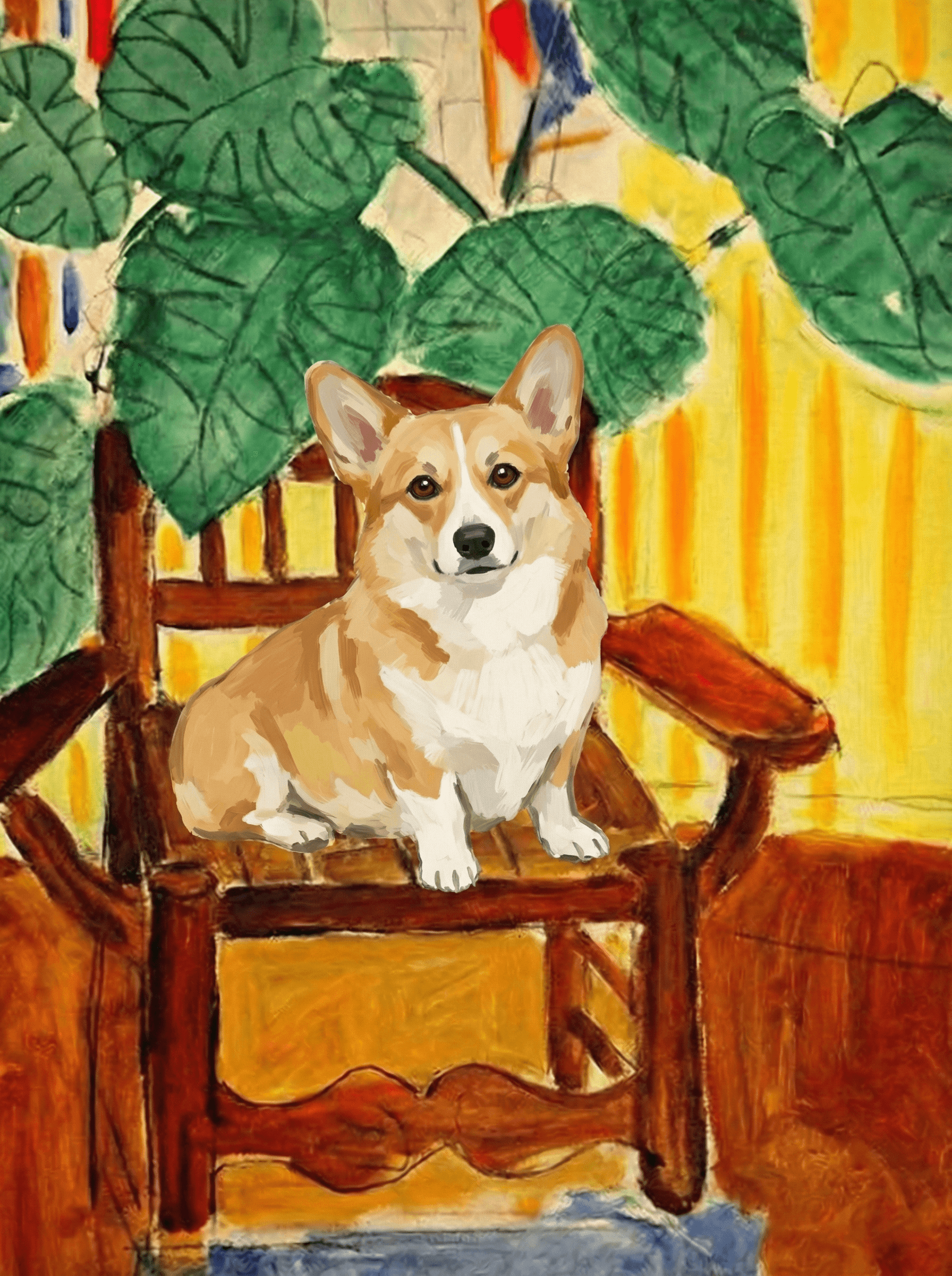 A pet sitting on a brown chair, looking at the viewer. Colors are applied with minimal blending, creating a flat, illustrative feel. The brushwork is broad, rapid, and direct. Strokes are loose, visible, applied thinly, defining the forms quickly without building up significant physical texture or impasto on the surface.