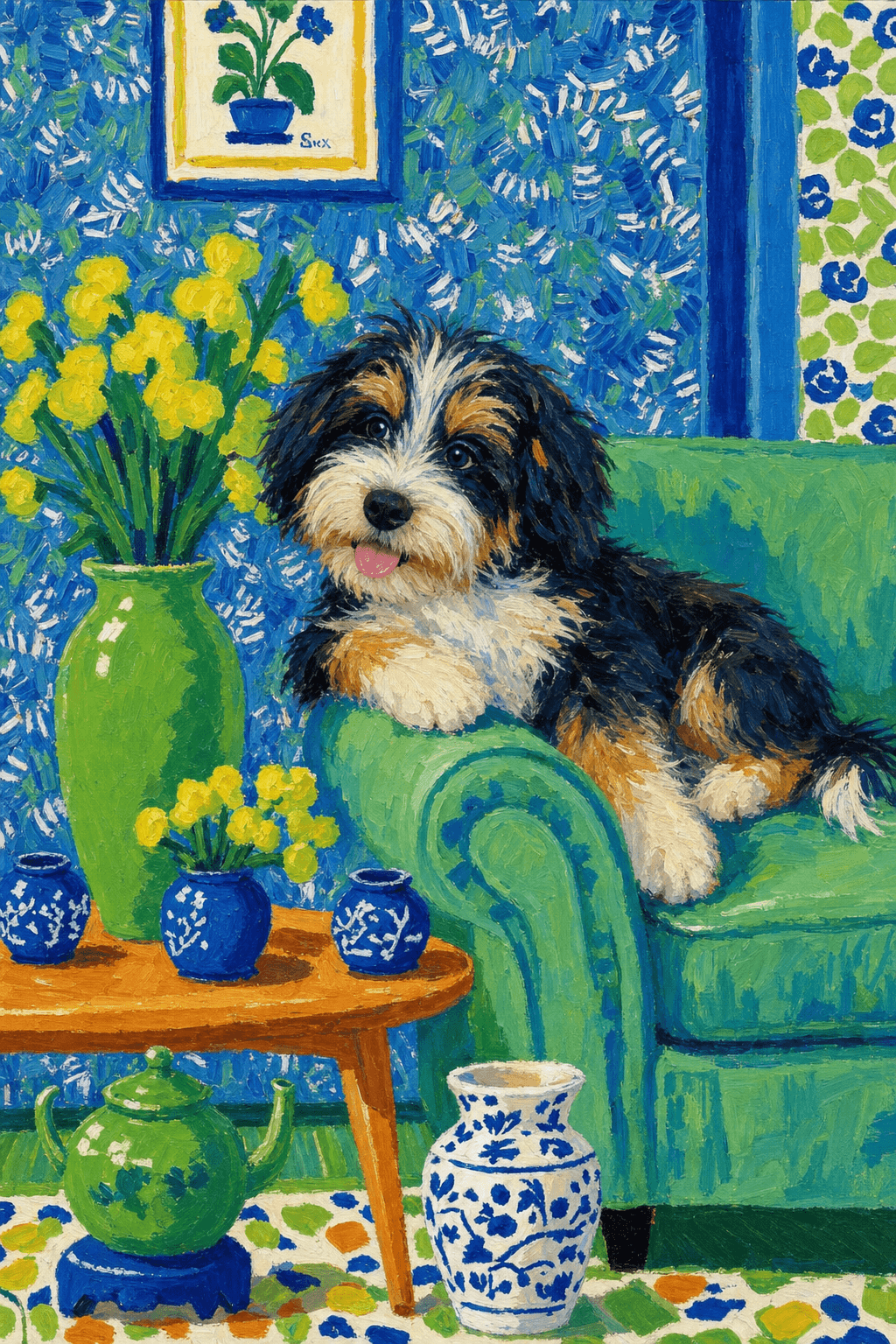 A pet lazy lying on the couch, with head tilt on the edge of couch, eye looking at the the vase. paint in post-impressionism style. Use saturated, non-naturalistic colors and flattened perspective reminiscent of Henri Matisse. painterly and expressive, utilizing thick, confident strokes and quick, rhythmic marks that prioritize texture and visual energy over realistic blending or depth.