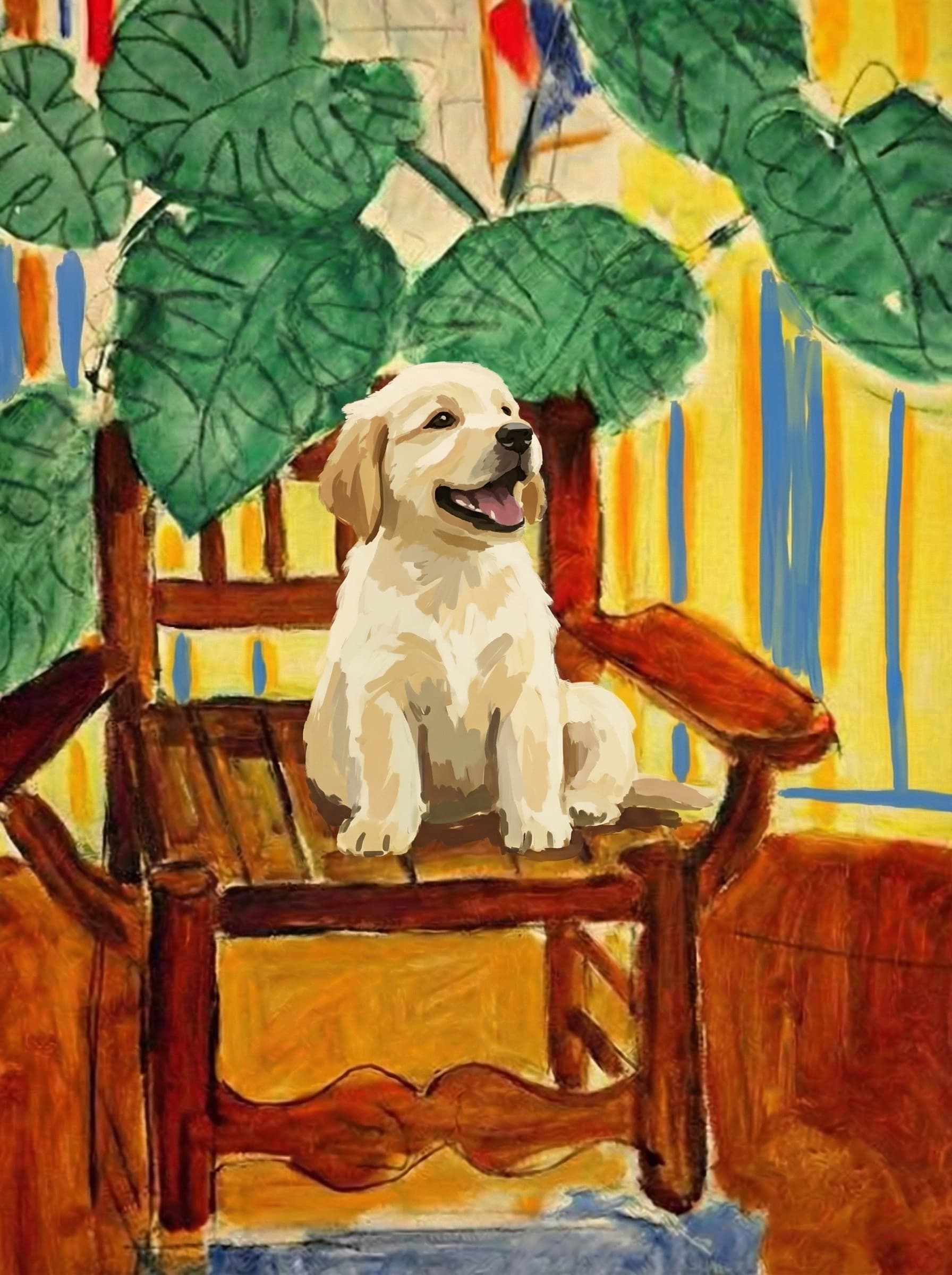 A pet sitting on a brown chair, looking at the viewer. Colors are applied with minimal blending, creating a flat, illustrative feel. The brushwork is broad, rapid, and direct. Strokes are loose, visible, applied thinly, defining the forms quickly without building up significant physical texture or impasto on the surface.