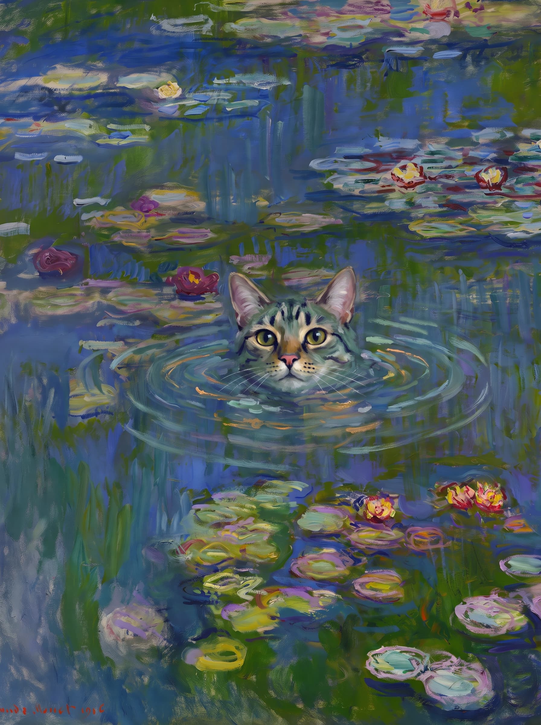 The pet should appear naturally integrated into the middle of the pond, swimming calmly through the water with only its head, upper neck, and a subtle suggestion of its back visible above the surface.
The pet should be facing forward and looking directly at the viewer. Its wet fur should be suggested through painterly strokes.
Blend the pet into the scene using Monet-like impressionist oil painting techniques: visible layered brushstrokes, soft broken color, blue-green reflections, violet shadows, golden-orange highlights, and shimmering ripples around the pet.
The water should partially obscure the pet’s body, with delicate circular ripples spreading outward. Nearby lily pads and water lilies should remain undisturbed but subtly interact with the ripples.
The pet must feel like it was originally painted into the artwork, not pasted on top. Match the atmospheric softness, painterly texture, scale, perspective, and color harmony of the original Water Lilies painting.
Avoid photorealism, sharp outlines, modern digital effects, or excessive detail. The final image should look like a whimsical impressionist oil painting in the spirit of late Monet, with the pet quietly swimming among the lily pads at the center of the pond.
Art Style: Paint in Fauvism, post-impressionism style. Use simplified shapes, exaggerates color, and flattens perspective to create charm and personality.
Use saturated, non-naturalistic colors and flattened perspective reminiscent of Henri Matisse.
The brushwork is loose, visible, and painterly, with uneven strokes that give the surface texture and movement.
Paint with large areas of flat color patches, simplified shapes, bold decorative outlines, and minimal blending.
The composition is flattened and slightly distorted, with compressed perspective.
The painting is expressive, utilizing thick, confident strokes and quick, rhythmic marks that prioritize texture and visual energy over realistic blending or depth.