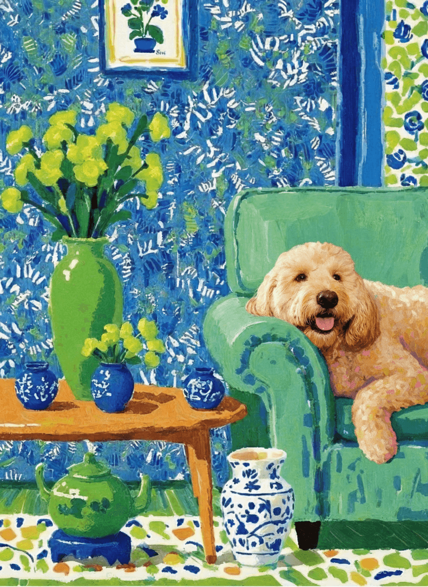 A pet lazy lying on the couch, with head tilt on the edge of couch, eye looking at the the vase. paint in post-impressionism style. Use saturated, non-naturalistic colors and flattened perspective reminiscent of Henri Matisse. painterly and expressive, utilizing thick, confident strokes and quick, rhythmic marks that prioritize texture and visual energy over realistic blending or depth.