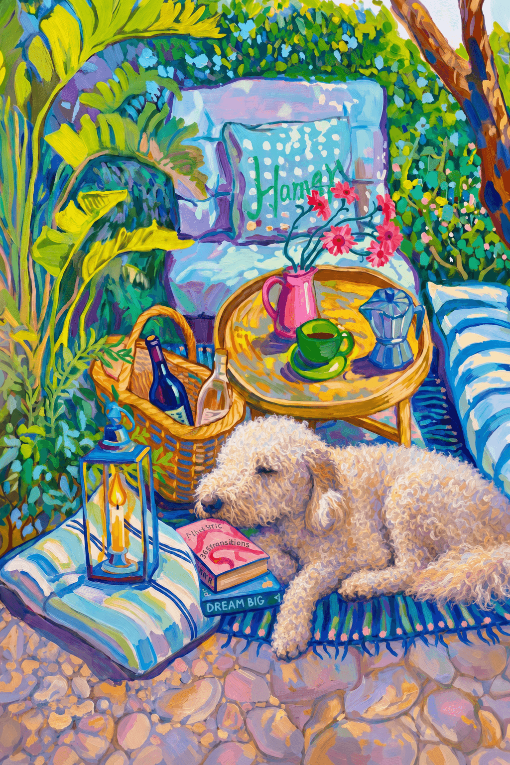 a cozy garden patio filled with lush tropical greenery, blue-and-white striped cushions, a round rattan table, picnic basket, lantern, books, flowers.
The pet is lazily resting in the foreground, almost fall asleep with a relaxed and content expression.
The composition feels intimate and inviting, with foliage and a tree trunk framing the scene, the circular table anchoring the center, and expressive brushwork plus dappled light creating a lively, relaxed outdoor atmosphere.
Art Style: Paint in Fauvism, post-impressionism style. Use simplified shapes, exaggerates color, and flattens perspective to create charm and personality.
Use saturated, non-naturalistic colors and flattened perspective reminiscent of Henri Matisse.
The brushwork is loose, visible, and painterly, with uneven strokes that give the surface texture and movement.
Paint with large areas of flat color patches, simplified shapes, bold decorative outlines, and minimal blending.
The composition is flattened and slightly distorted, with compressed perspective.
The painting is expressive, utilizing thick, confident strokes and quick, rhythmic marks that prioritize texture and visual energy over realistic blending or depth.