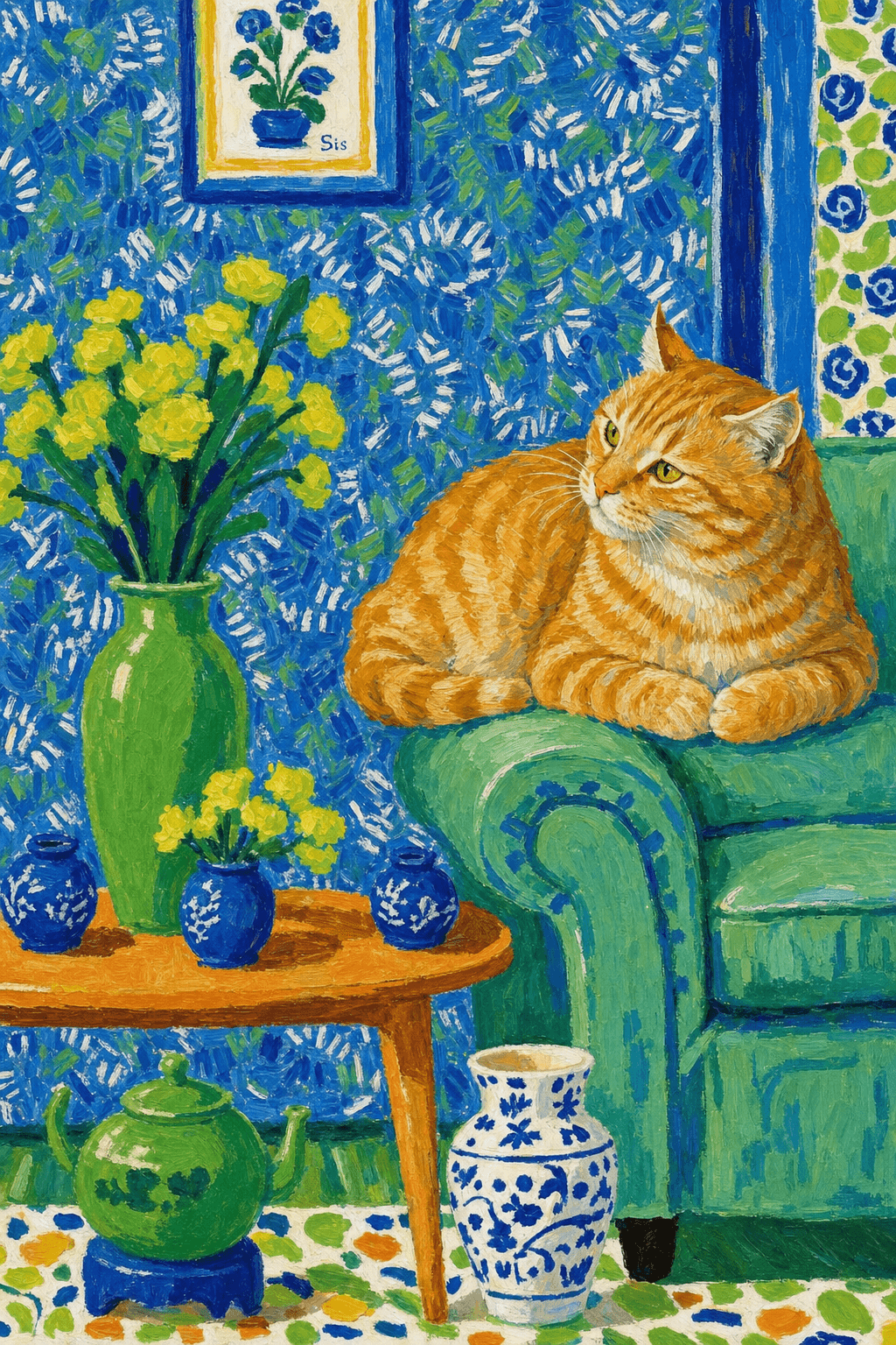 A pet lazy lying on the couch, with head tilt on the edge of couch, eye looking at the the vase. paint in post-impressionism style. Use saturated, non-naturalistic colors and flattened perspective reminiscent of Henri Matisse. painterly and expressive, utilizing thick, confident strokes and quick, rhythmic marks that prioritize texture and visual energy over realistic blending or depth.