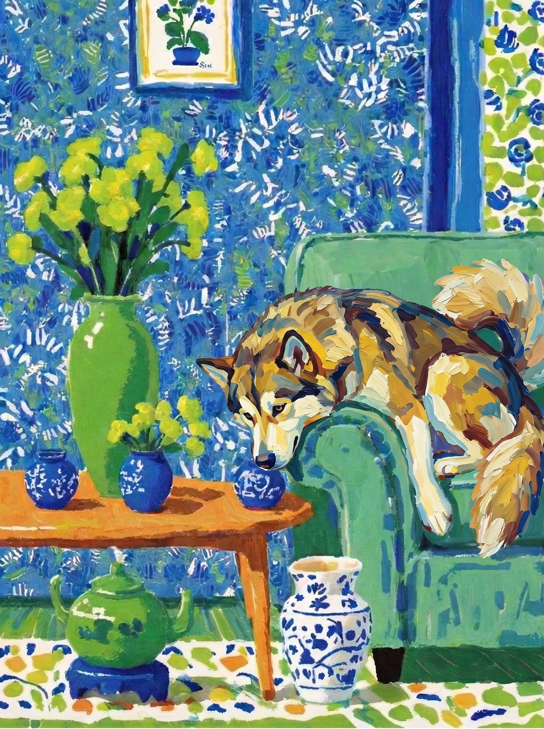 A pet lazy lying on the couch, with head tilt on the edge of couch, eye looking at the the vase. paint in post-impressionism style. Use saturated, non-naturalistic colors and flattened perspective reminiscent of Henri Matisse. painterly and expressive, utilizing thick, confident strokes and quick, rhythmic marks that prioritize texture and visual energy over realistic blending or depth.