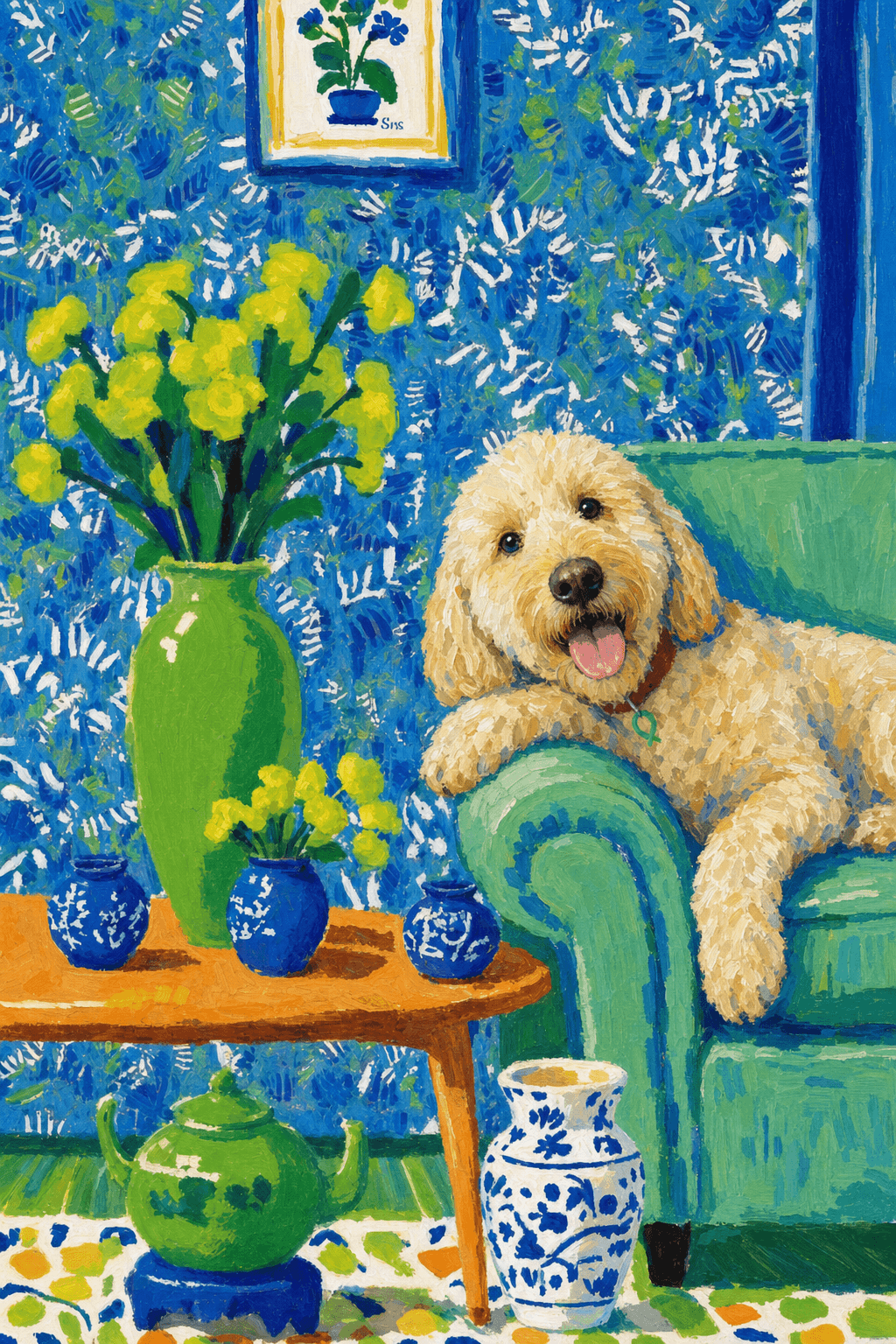 A pet lazy lying on the couch, with head tilt on the edge of couch, eye looking at the the vase. Art Style: Paint in Fauvism, post-impressionism style. Use simplified shapes, exaggerates color, and flattens perspective to create charm and personality.
Use saturated, non-naturalistic colors and flattened perspective reminiscent of Henri Matisse.
The brushwork is loose, visible, and painterly, with uneven strokes that give the surface texture and movement.
Paint with large areas of flat color patches, simplified shapes, bold decorative outlines, and minimal blending.
The composition is flattened and slightly distorted, with compressed perspective.
The painting is expressive, utilizing thick, confident strokes and quick, rhythmic marks that prioritize texture and visual energy over realistic blending or depth.
