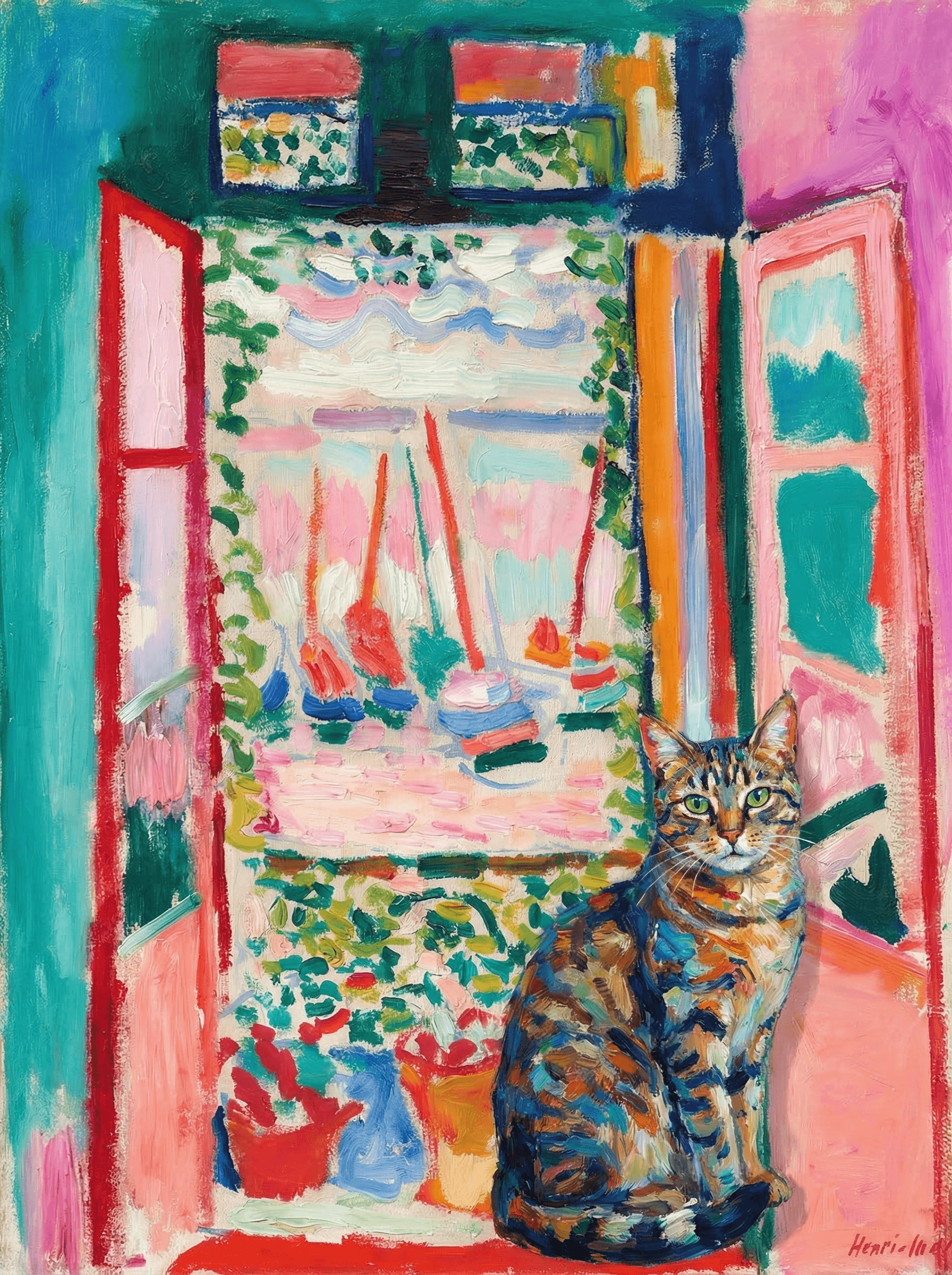 A pet sitting on the right bottom frame of an open door, with its back to the opening while facing the room, looking at the viewer, slight leaning on the right-side door panel. Paint in post-impressionism style. Use loosely painted, vibrantly colored, stylized, vertical painting.