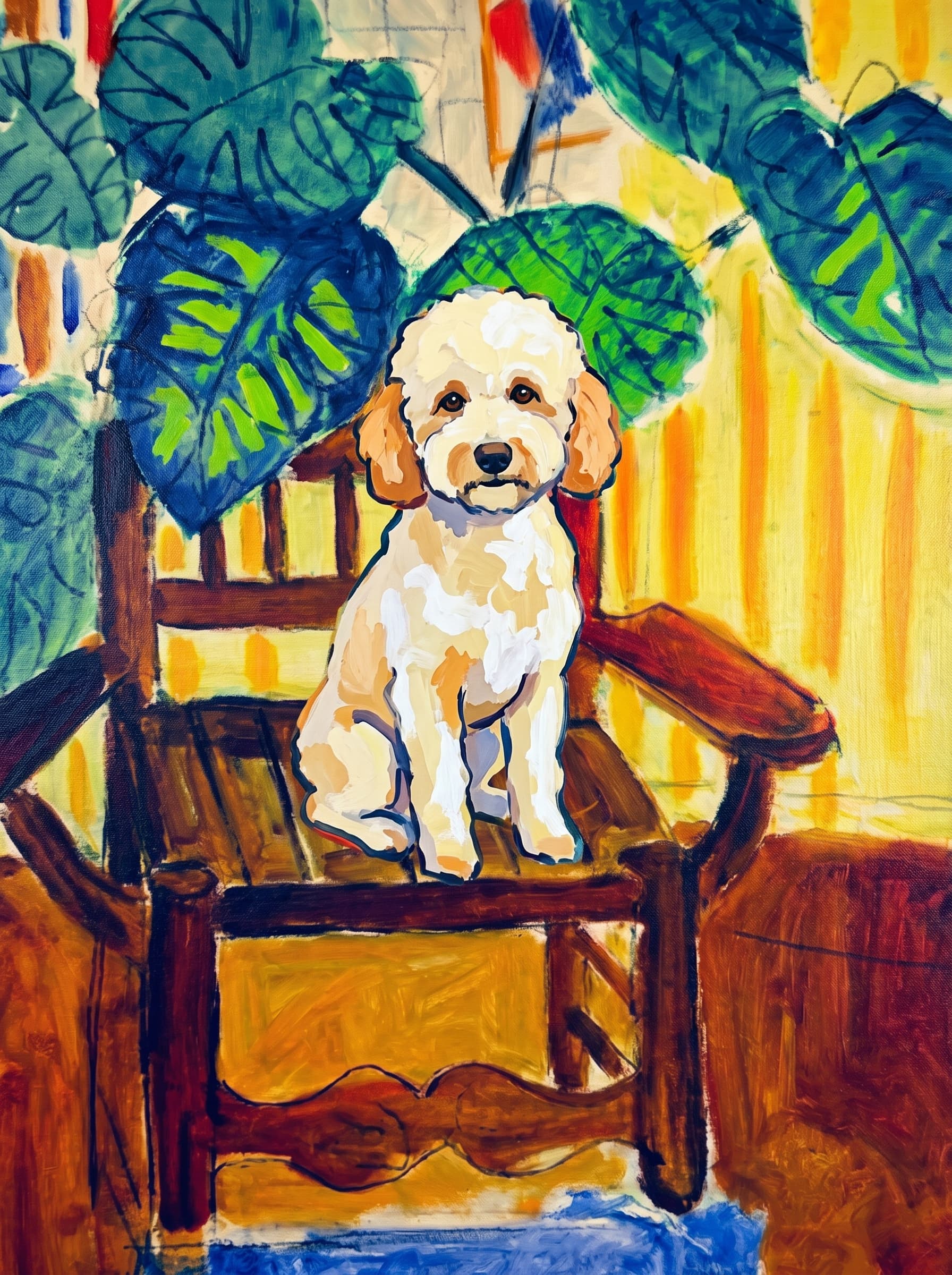 A pet sitting on a brown chair, looking at the viewer. Art Style: Paint in Fauvism, post-impressionism style. Use simplified shapes, exaggerates color, and flattens perspective to create charm and personality.
Use saturated, non-naturalistic colors and flattened perspective reminiscent of Henri Matisse.
The brushwork is loose, visible, and painterly, with uneven strokes that give the surface texture and movement.
Paint with large areas of flat color patches, simplified shapes, bold decorative outlines, and minimal blending.
The composition is flattened and slightly distorted, with compressed perspective.
The painting is expressive, utilizing thick, confident strokes and quick, rhythmic marks that prioritize texture and visual energy over realistic blending or depth.