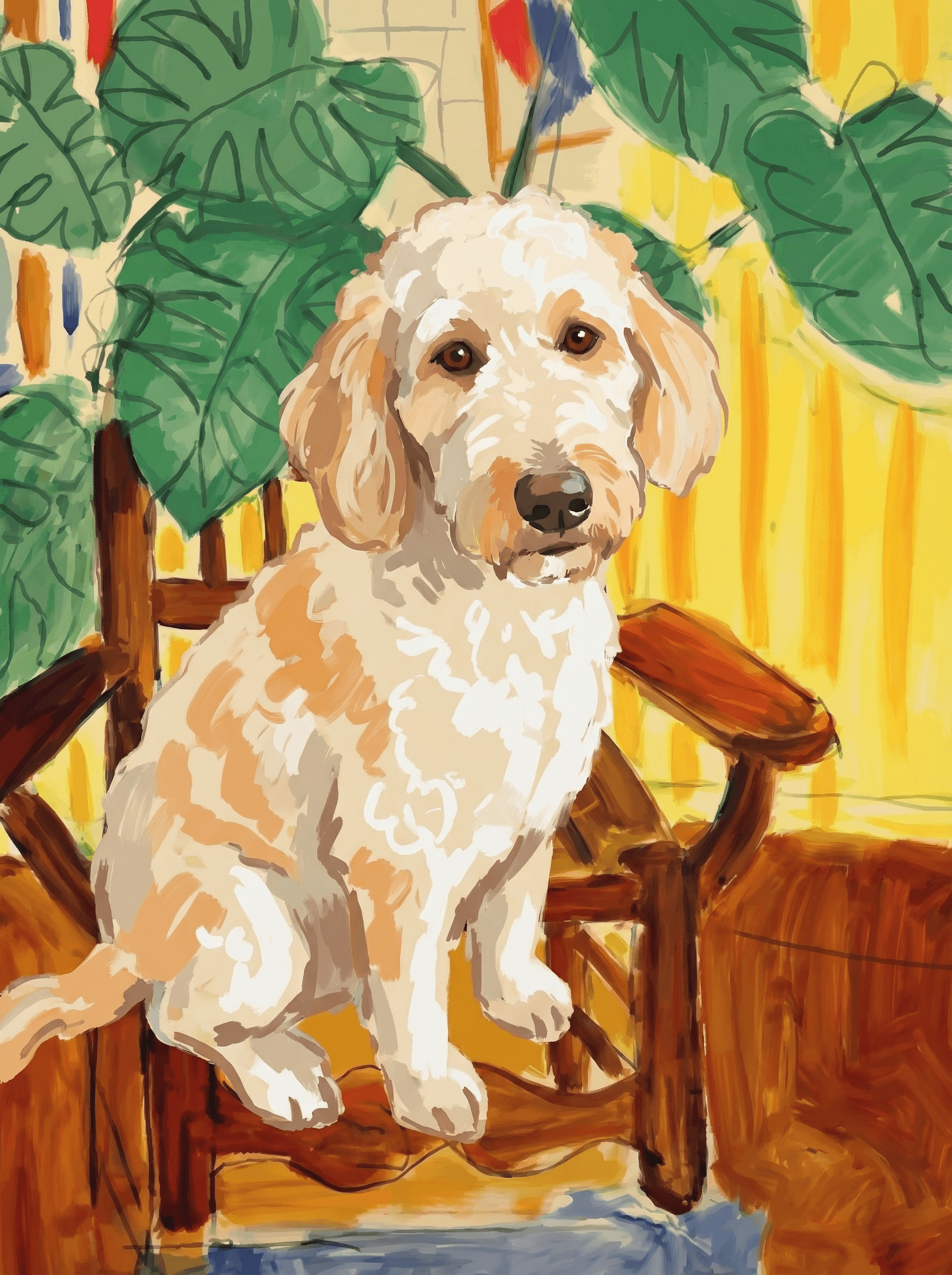 A pet sitting on a brown chair, looking at the viewer. Colors are applied with minimal blending, creating a flat, illustrative feel. The brushwork is broad, rapid, and direct. Strokes are loose, visible, applied thinly, defining the forms quickly without building up significant physical texture or impasto on the surface.