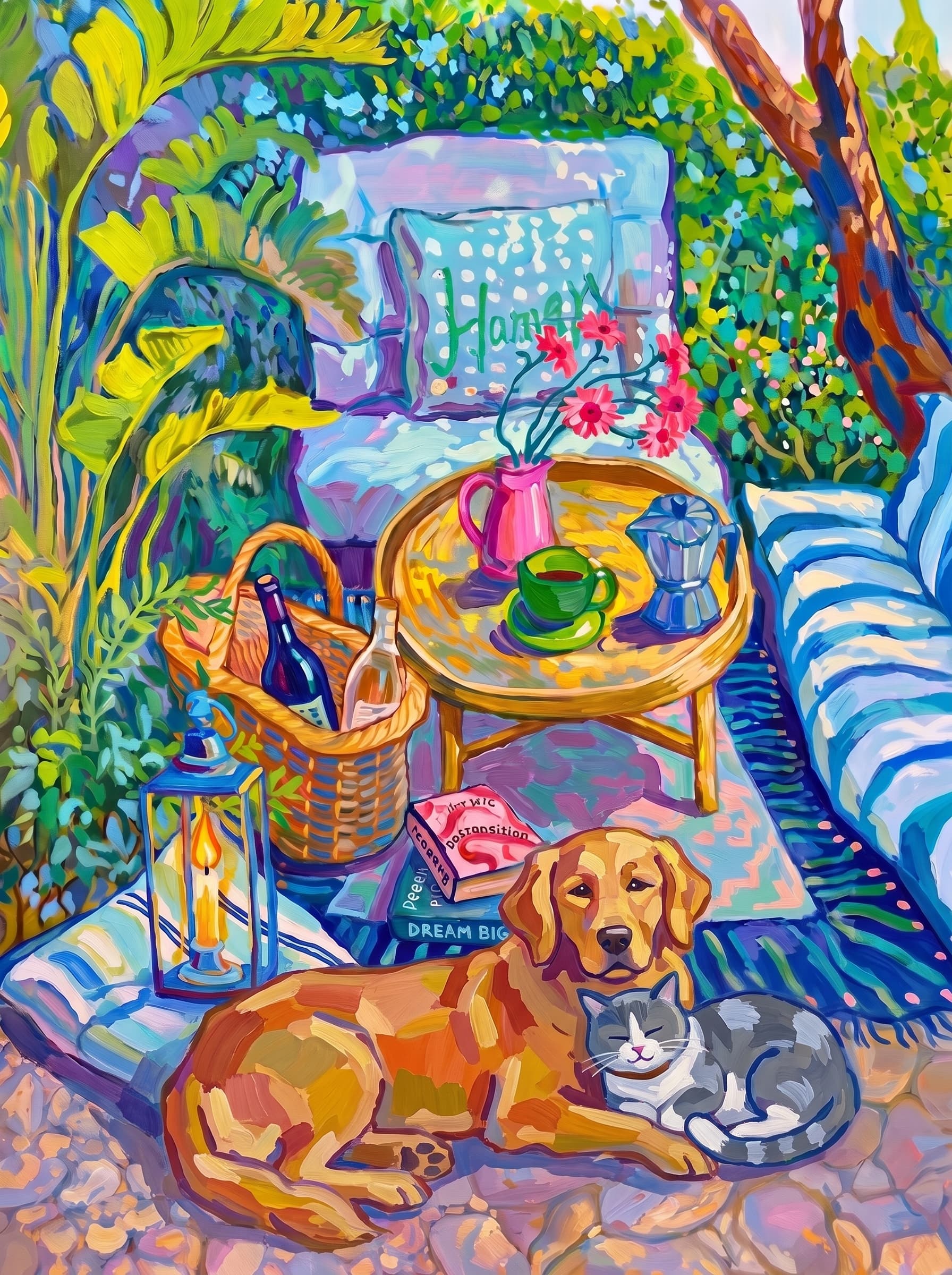 a cozy garden patio filled with lush tropical greenery, blue-and-white striped cushions, a round rattan table, picnic basket, lantern, books, flowers.
      The pet is lazily resting in the foreground, almost fall asleep with a relaxed and content expression.
      The composition feels intimate and inviting, with foliage and a tree trunk framing the scene, the circular table anchoring the center, and expressive brushwork plus dappled light creating a lively, relaxed outdoor atmosphere.
      Art Style: Paint in Fauvism, post-impressionism style. Use simplified shapes, exaggerates color, and flattens perspective to create charm and personality.
Use saturated, non-naturalistic colors and flattened perspective reminiscent of Henri Matisse.
The brushwork is loose, visible, and painterly, with uneven strokes that give the surface texture and movement.
Paint with large areas of flat color patches, simplified shapes, bold decorative outlines, and minimal blending.
The composition is flattened and slightly distorted, with compressed perspective.
The painting is expressive, utilizing thick, confident strokes and quick, rhythmic marks that prioritize texture and visual energy over realistic blending or depth.