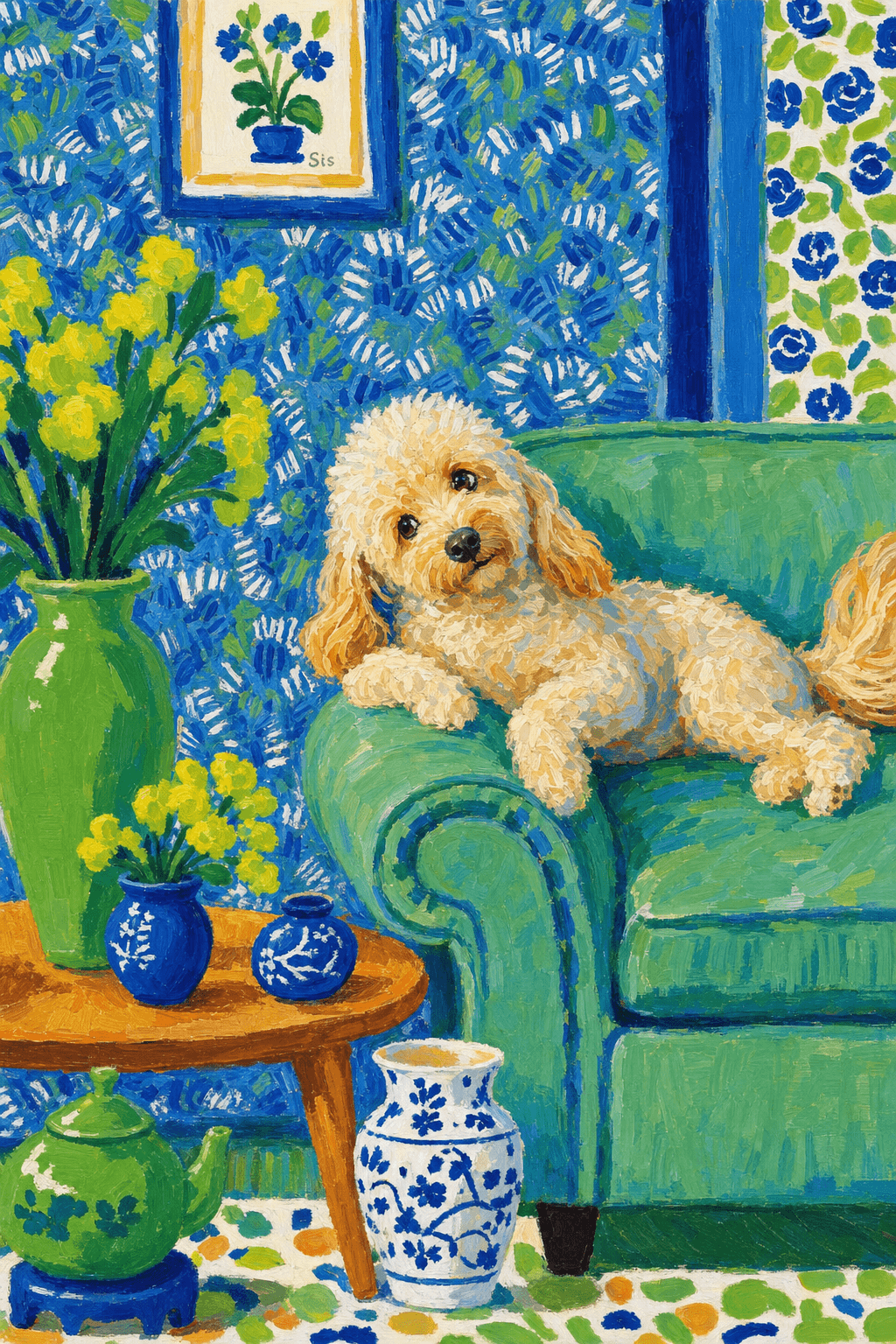 A pet lazy lying on the couch, with head tilt on the edge of couch, eye looking at the the vase. paint in post-impressionism style. Use saturated, non-naturalistic colors and flattened perspective reminiscent of Henri Matisse. painterly and expressive, utilizing thick, confident strokes and quick, rhythmic marks that prioritize texture and visual energy over realistic blending or depth.