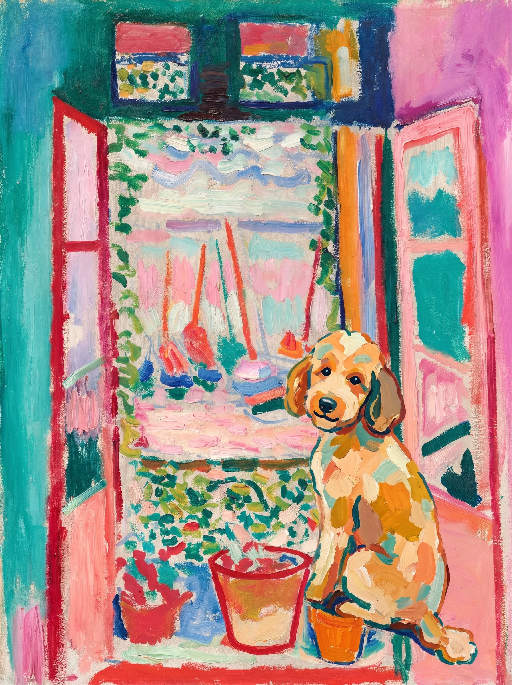A pet sitting on the right bottom frame of an open door, with its back to the opening while facing the room, looking at the viewer, slight leaning on the right-side door panel. Art Style: Paint in Fauvism, post-impressionism style. Use simplified shapes, exaggerates color, and flattens perspective to create charm and personality.
Use saturated, non-naturalistic colors and flattened perspective reminiscent of Henri Matisse.
The brushwork is loose, visible, and painterly, with uneven strokes that give the surface texture and movement.
Paint with large areas of flat color patches, simplified shapes, bold decorative outlines, and minimal blending.
The composition is flattened and slightly distorted, with compressed perspective.
The painting is expressive, utilizing thick, confident strokes and quick, rhythmic marks that prioritize texture and visual energy over realistic blending or depth.