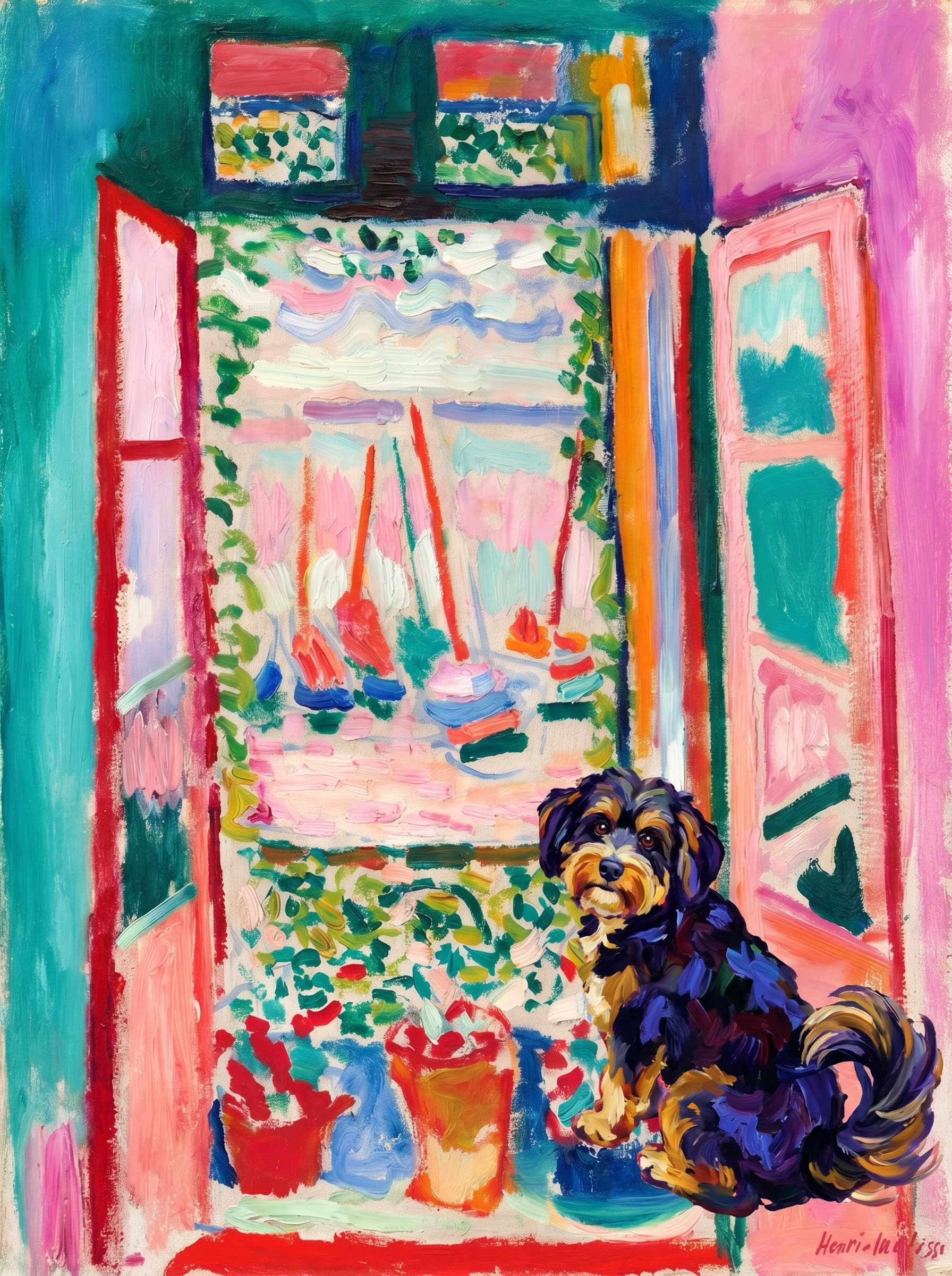 A pet sitting on the right bottom frame of an open door, with its back to the opening while facing the room, looking at the viewer, slight leaning on the right-side door panel. Paint in post-impressionism style. Use loosely painted, vibrantly colored, stylized, vertical painting.