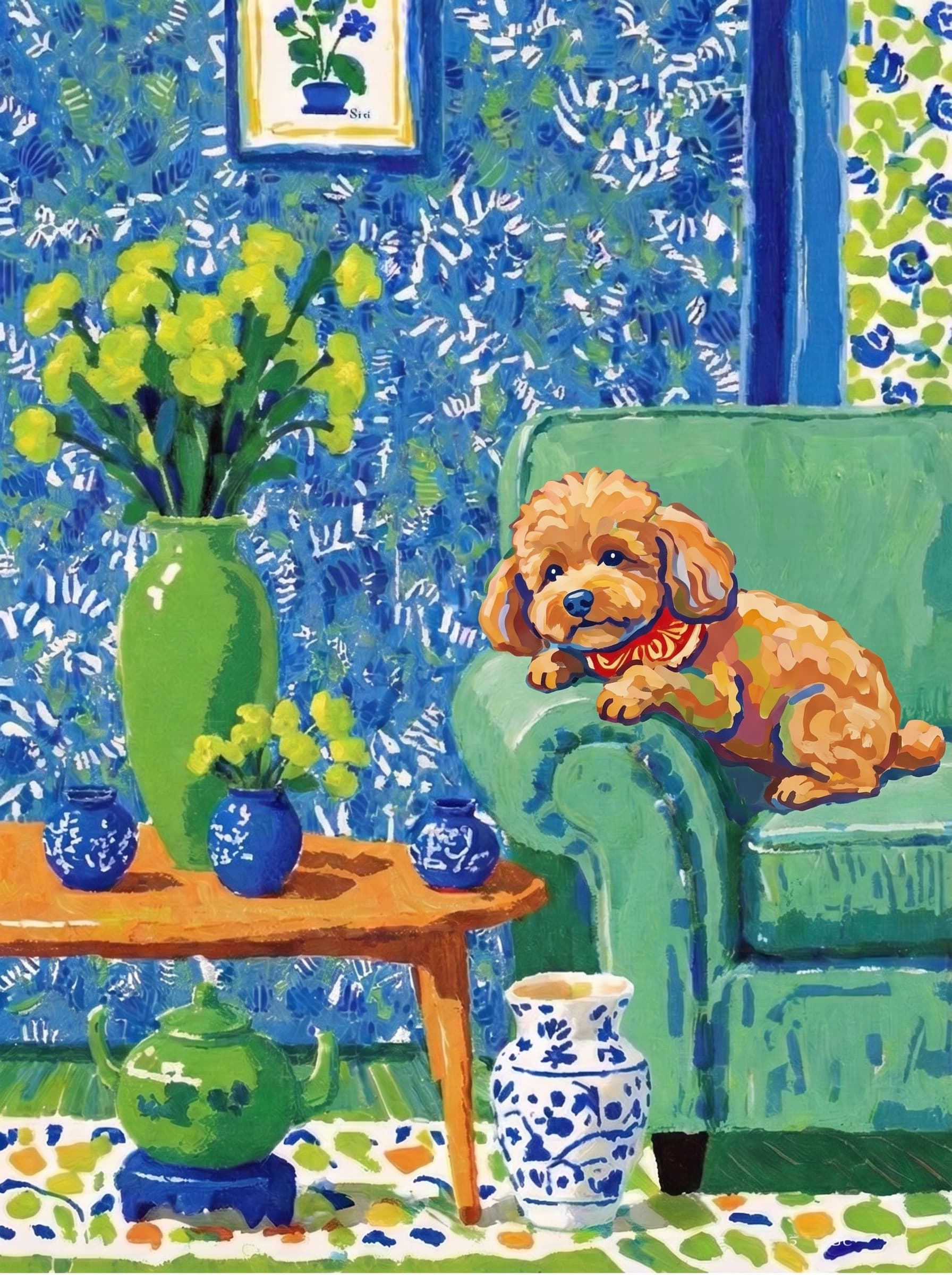 A pet lazy lying on the couch, with head tilt on the edge of couch, eye looking at the the vase. Art Style: Paint in Fauvism, post-impressionism style. Use simplified shapes, exaggerates color, and flattens perspective to create charm and personality.
Use saturated, non-naturalistic colors and flattened perspective reminiscent of Henri Matisse.
The brushwork is loose, visible, and painterly, with uneven strokes that give the surface texture and movement.
Paint with large areas of flat color patches, simplified shapes, bold decorative outlines, and minimal blending.
The composition is flattened and slightly distorted, with compressed perspective.
The painting is expressive, utilizing thick, confident strokes and quick, rhythmic marks that prioritize texture and visual energy over realistic blending or depth.