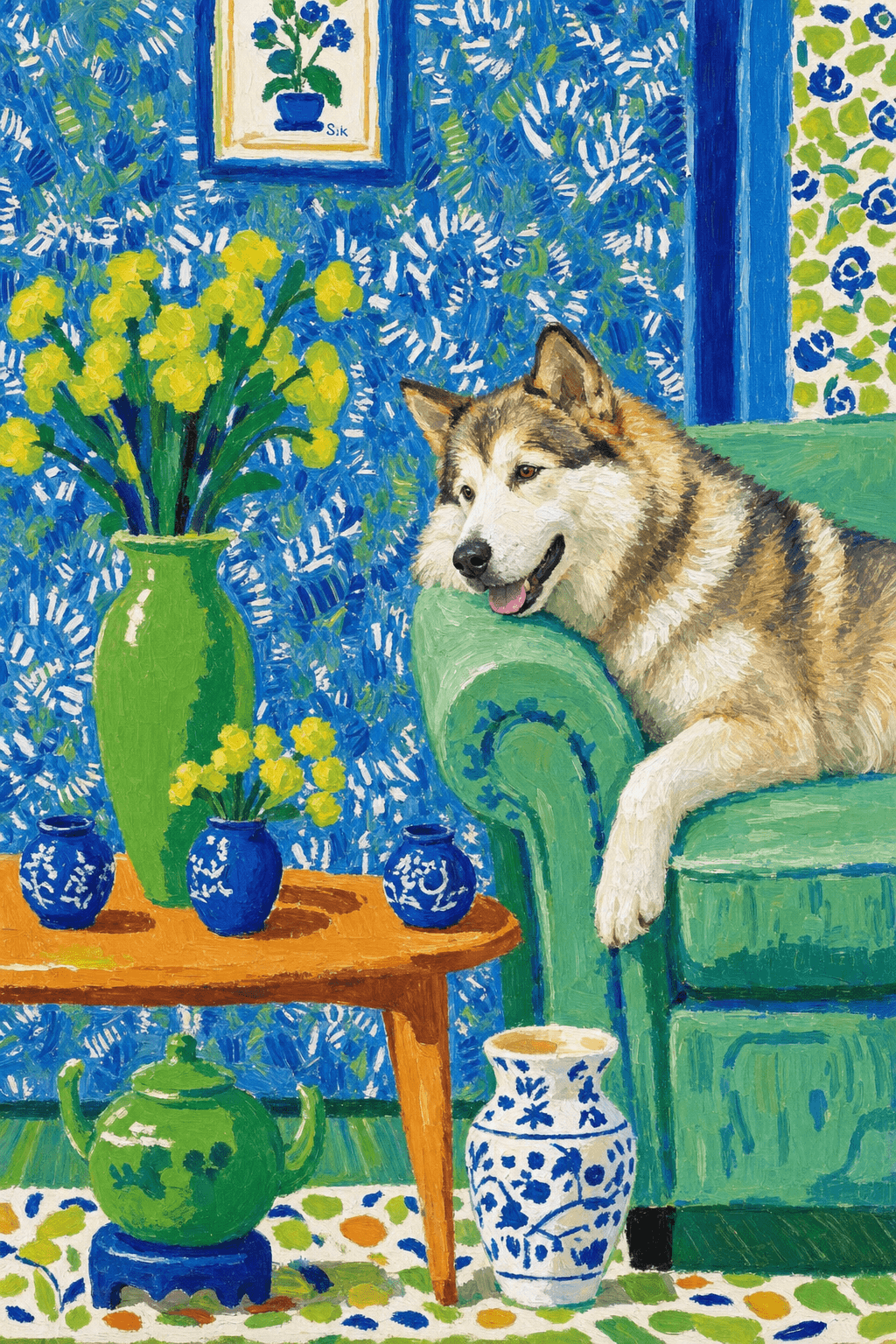 A pet lazy lying on the couch, with head tilt on the edge of couch, eye looking at the the vase. paint in post-impressionism style. Use saturated, non-naturalistic colors and flattened perspective reminiscent of Henri Matisse. painterly and expressive, utilizing thick, confident strokes and quick, rhythmic marks that prioritize texture and visual energy over realistic blending or depth.