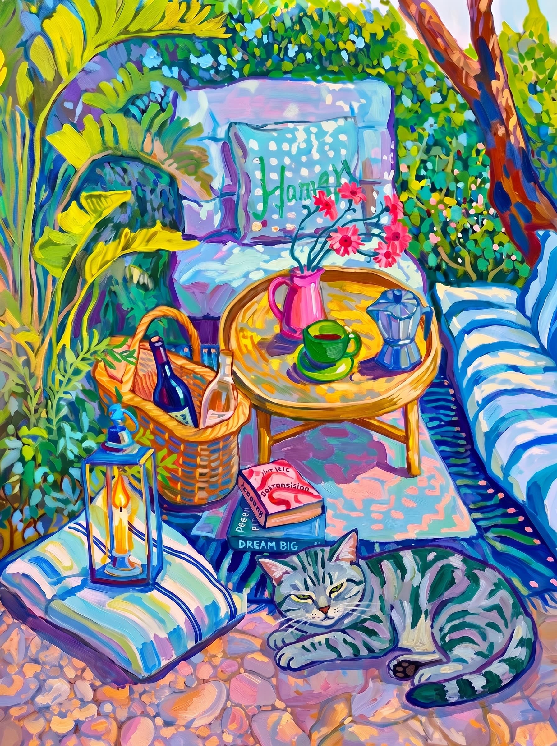 a cozy garden patio filled with lush tropical greenery, blue-and-white striped cushions, a round rattan table, picnic basket, lantern, books, flowers.
      The pet is lazily resting in the foreground, almost fall asleep with a relaxed and content expression.
      The composition feels intimate and inviting, with foliage and a tree trunk framing the scene, the circular table anchoring the center, and expressive brushwork plus dappled light creating a lively, relaxed outdoor atmosphere.
      Art Style: Paint in Fauvism, post-impressionism style. Use simplified shapes, exaggerates color, and flattens perspective to create charm and personality.
Use saturated, non-naturalistic colors and flattened perspective reminiscent of Henri Matisse.
The brushwork is loose, visible, and painterly, with uneven strokes that give the surface texture and movement.
Paint with large areas of flat color patches, simplified shapes, bold decorative outlines, and minimal blending.
The composition is flattened and slightly distorted, with compressed perspective.
The painting is expressive, utilizing thick, confident strokes and quick, rhythmic marks that prioritize texture and visual energy over realistic blending or depth.
