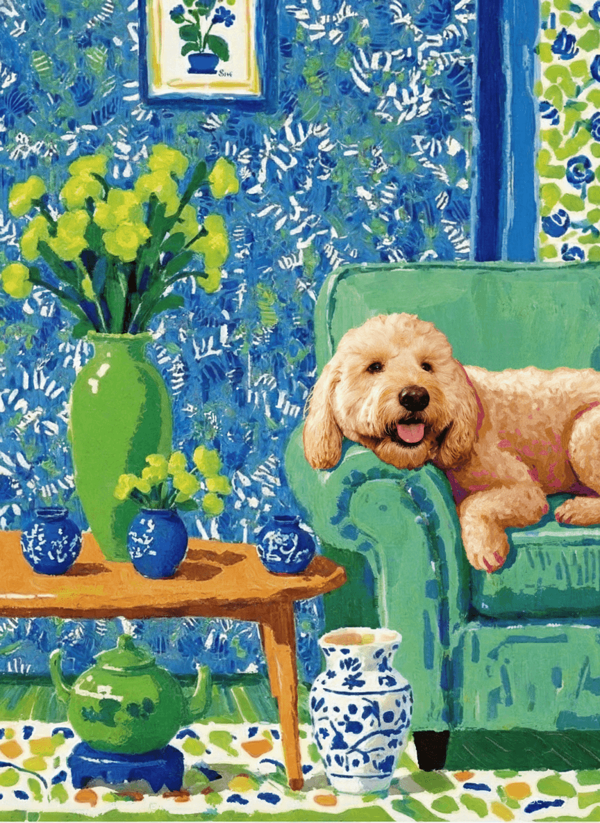 A pet lazy lying on the couch, with head tilt on the edge of couch, eye looking at the the vase. paint in post-impressionism style. Use saturated, non-naturalistic colors and flattened perspective reminiscent of Henri Matisse. painterly and expressive, utilizing thick, confident strokes and quick, rhythmic marks that prioritize texture and visual energy over realistic blending or depth.