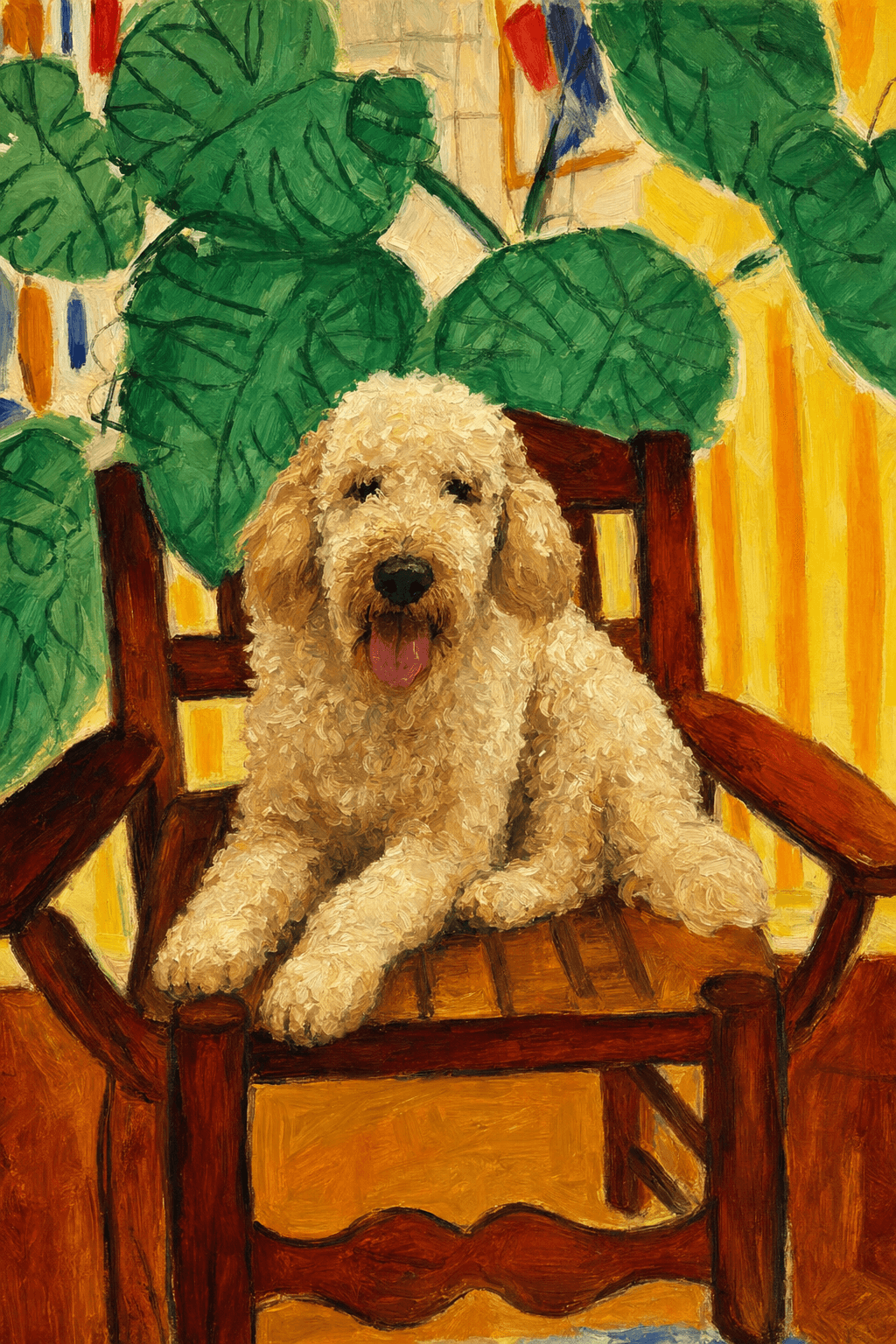 A pet sitting on a brown chair, looking at the viewer. Colors are applied with minimal blending, creating a flat, illustrative feel. The brushwork is broad, rapid, and direct. Strokes are loose, visible, applied thinly, defining the forms quickly without building up significant physical texture or impasto on the surface.
