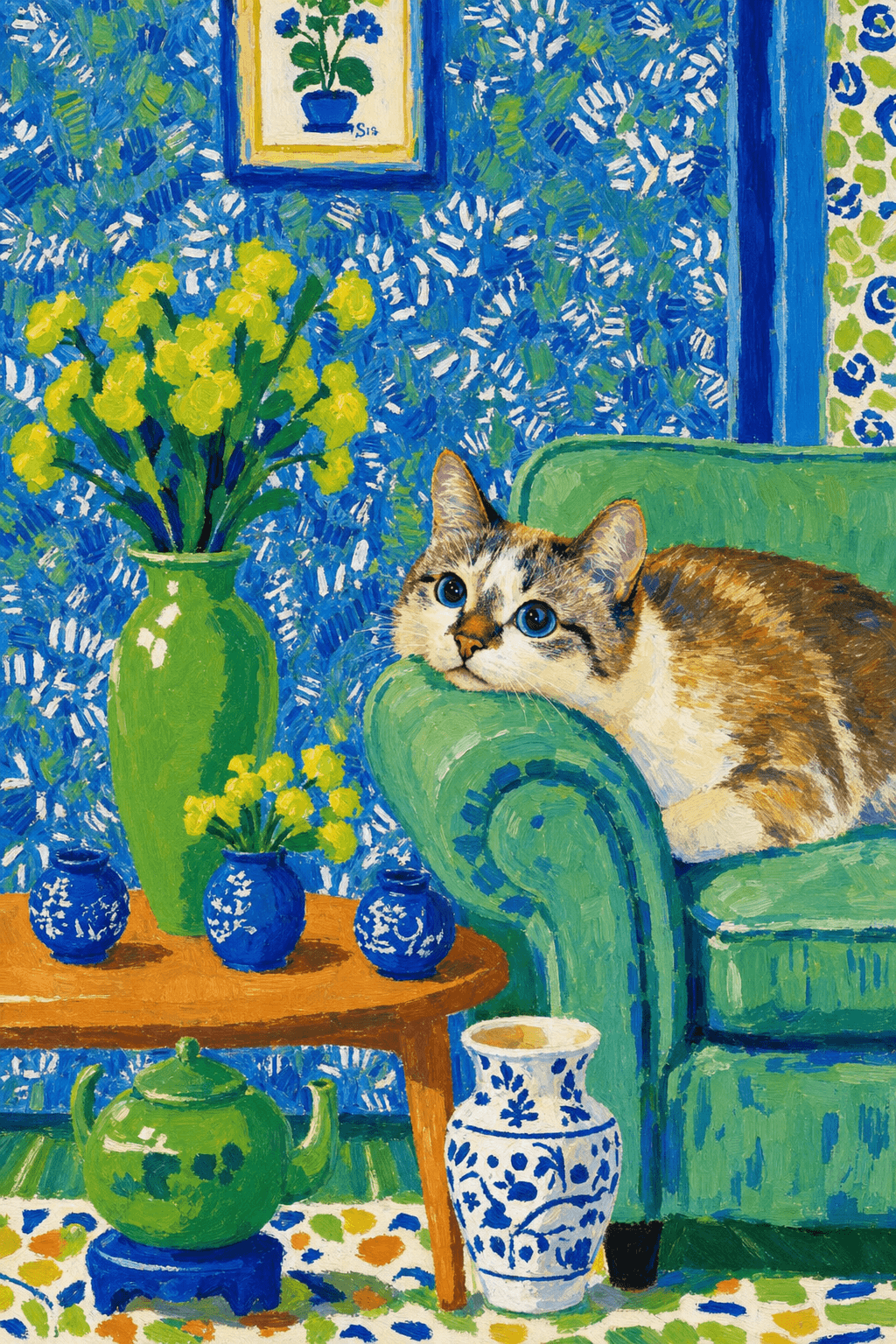 A pet lazy lying on the couch, with head tilt on the edge of couch, eye looking at the the vase. paint in post-impressionism style. Use saturated, non-naturalistic colors and flattened perspective reminiscent of Henri Matisse. painterly and expressive, utilizing thick, confident strokes and quick, rhythmic marks that prioritize texture and visual energy over realistic blending or depth.