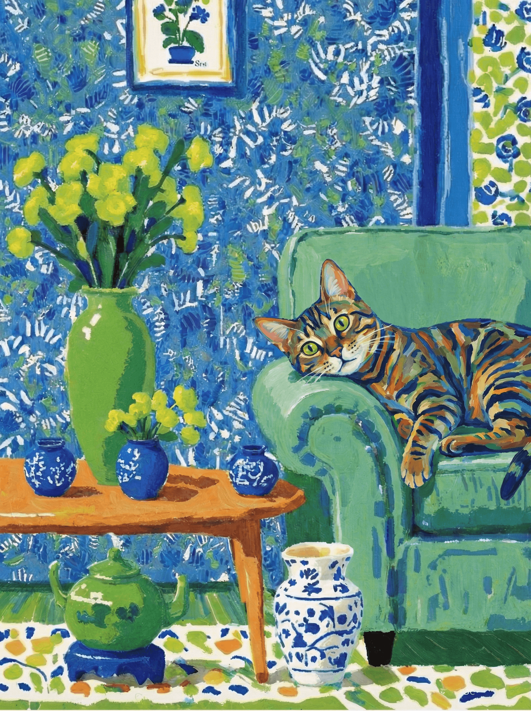 A pet lazy lying on the couch, with head tilt on the edge of couch, eye looking at the the vase. paint in post-impressionism style. Use saturated, non-naturalistic colors and flattened perspective reminiscent of Henri Matisse. painterly and expressive, utilizing thick, confident strokes and quick, rhythmic marks that prioritize texture and visual energy over realistic blending or depth.