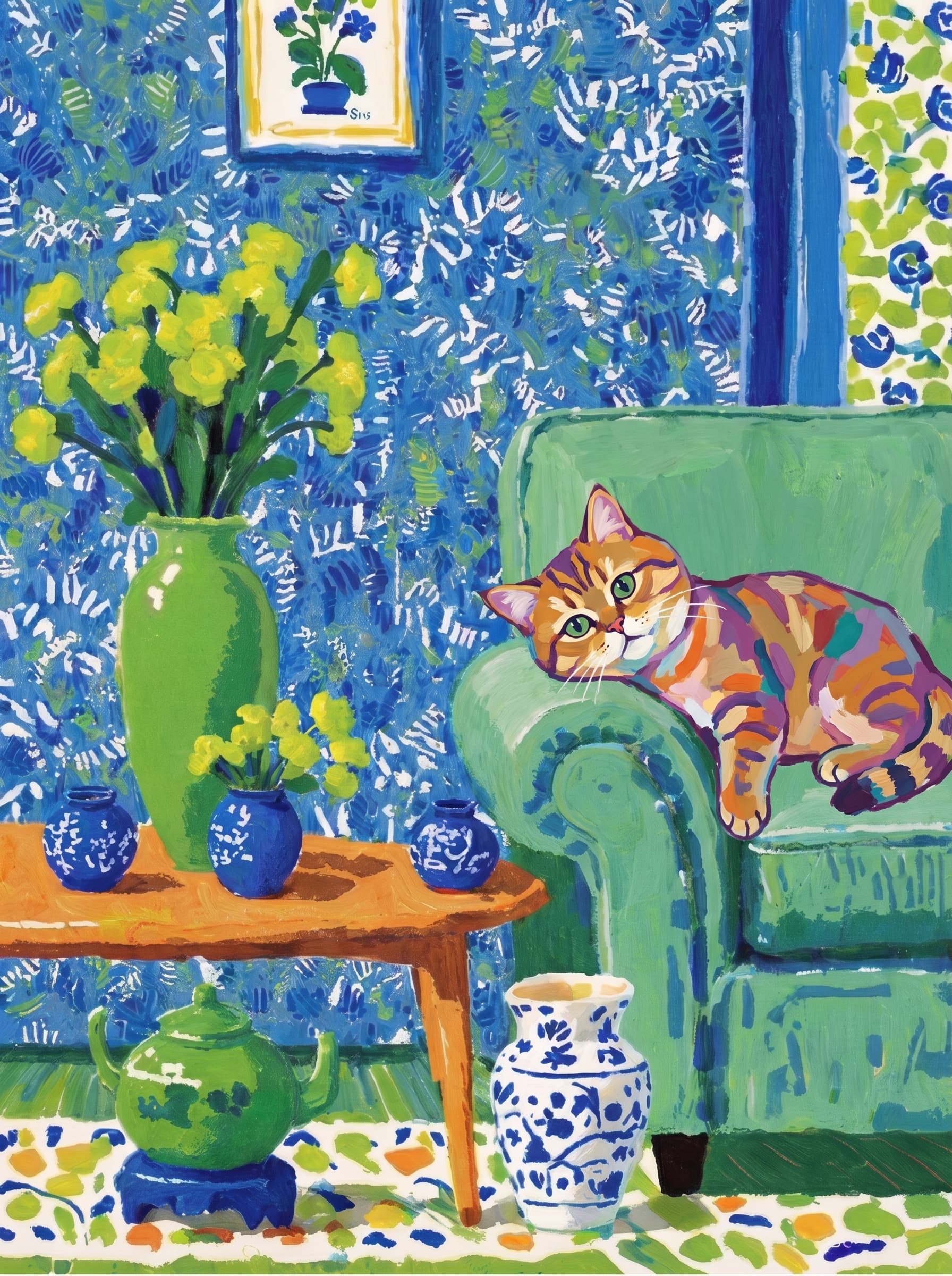 A pet lazy lying on the couch, with head tilt on the edge of couch, eye looking at the the vase. Art Style: Paint in Fauvism, post-impressionism style. Use simplified shapes, exaggerates color, and flattens perspective to create charm and personality.
Use saturated, non-naturalistic colors and flattened perspective reminiscent of Henri Matisse.
The brushwork is loose, visible, and painterly, with uneven strokes that give the surface texture and movement.
Paint with large areas of flat color patches, simplified shapes, bold decorative outlines, and minimal blending.
The composition is flattened and slightly distorted, with compressed perspective.
The painting is expressive, utilizing thick, confident strokes and quick, rhythmic marks that prioritize texture and visual energy over realistic blending or depth.