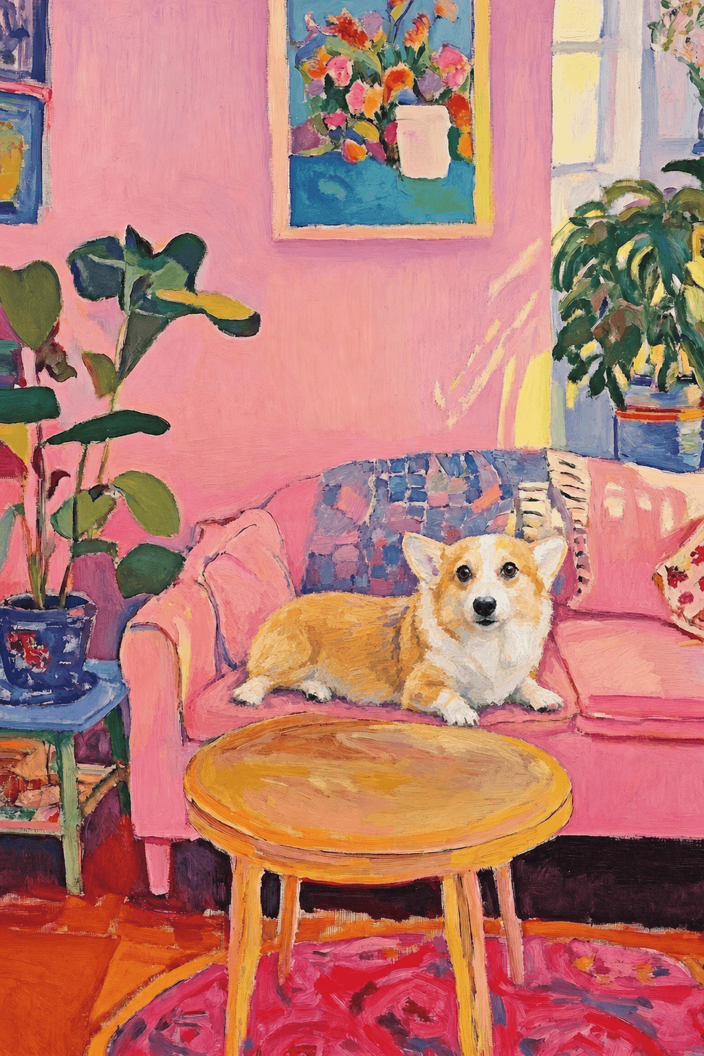 The painting shows a cozy, colorful interior with a warm pink wall and a large pink sofa in the foreground.
The pet is resting lazily on a bright pink velvet sofa. The pet’s looked completely relaxed and content.
The overall mood is cheerful and intimate, with bold outlines, visible brushstrokes, and slightly simplified forms.
Art Style: Paint in Fauvism, post-impressionism style. Use simplified shapes, exaggerates color, and flattens perspective to create charm and personality.
Use saturated, non-naturalistic colors and flattened perspective reminiscent of Henri Matisse.
The brushwork is loose, visible, and painterly, with uneven strokes that give the surface texture and movement.
Paint with large areas of flat color patches, simplified shapes, bold decorative outlines, and minimal blending.
The composition is flattened and slightly distorted, with compressed perspective.
The painting is expressive, utilizing thick, confident strokes and quick, rhythmic marks that prioritize texture and visual energy over realistic blending or depth.