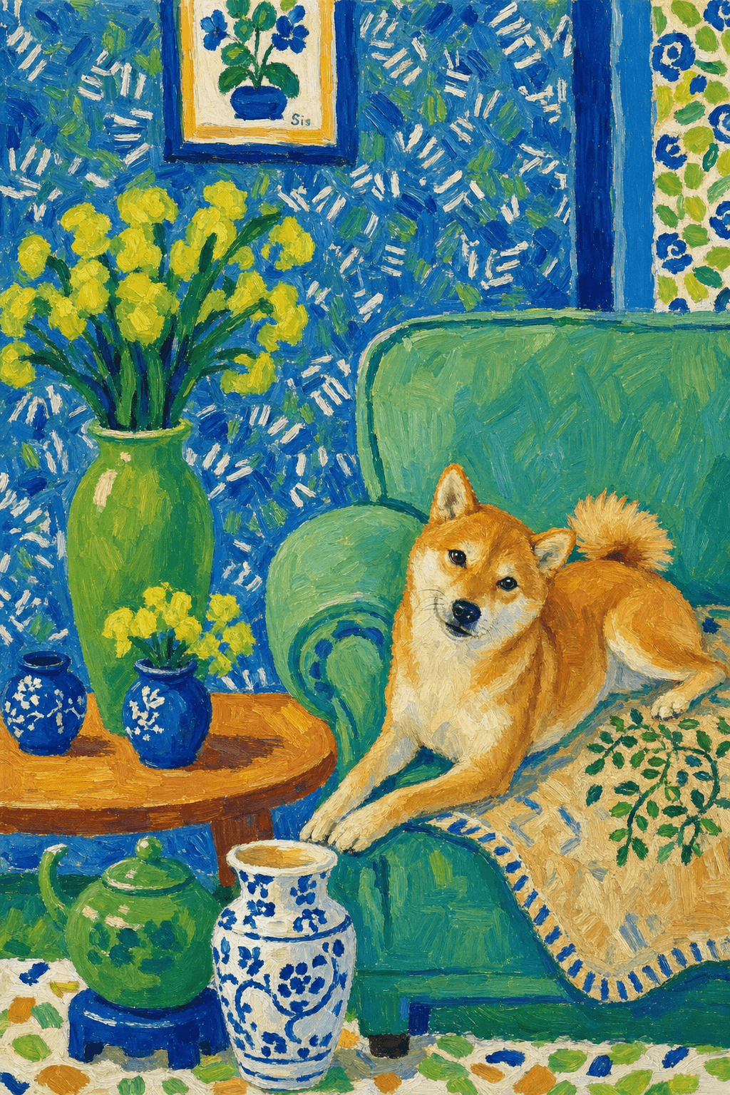 A pet lazy lying on the couch, with head tilt on the edge of couch, eye looking at the the vase. paint in post-impressionism style. Use saturated, non-naturalistic colors and flattened perspective reminiscent of Henri Matisse. painterly and expressive, utilizing thick, confident strokes and quick, rhythmic marks that prioritize texture and visual energy over realistic blending or depth.