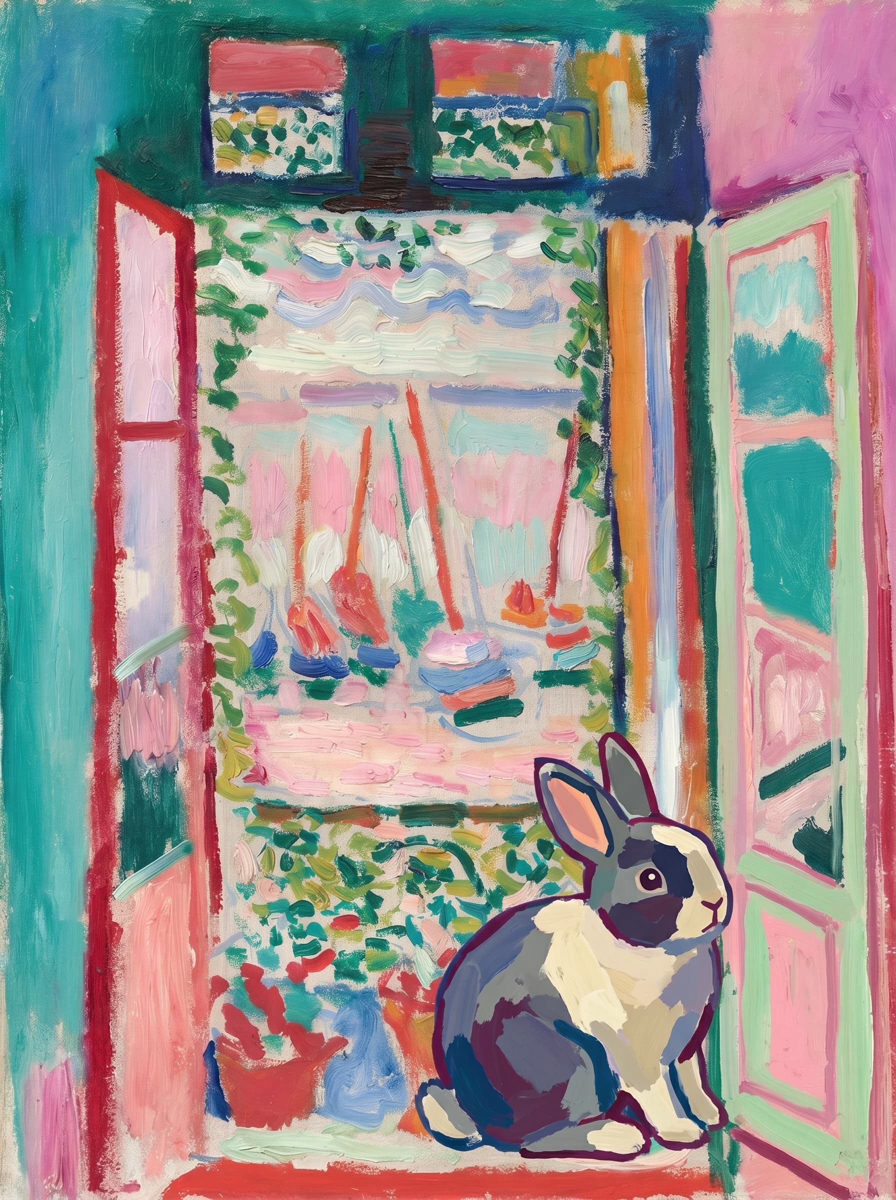 A pet sitting on the right bottom frame of an open door, with its back to the opening while facing the room, looking at the viewer, slight leaning on the right-side door panel. Art Style: Paint in Fauvism, post-impressionism style. Use simplified shapes, exaggerates color, and flattens perspective to create charm and personality.
Use saturated, non-naturalistic colors and flattened perspective reminiscent of Henri Matisse.
The brushwork is loose, visible, and painterly, with uneven strokes that give the surface texture and movement.
Paint with large areas of flat color patches, simplified shapes, bold decorative outlines, and minimal blending.
The composition is flattened and slightly distorted, with compressed perspective.
The painting is expressive, utilizing thick, confident strokes and quick, rhythmic marks that prioritize texture and visual energy over realistic blending or depth.