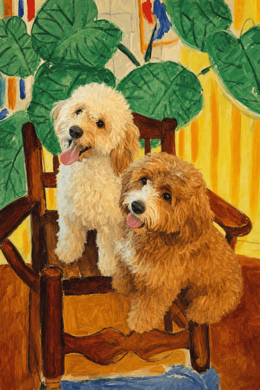 A pet sitting on a brown chair, looking at the viewer. Colors are applied with minimal blending, creating a flat, illustrative feel. The brushwork is broad, rapid, and direct. Strokes are loose, visible, applied thinly, defining the forms quickly without building up significant physical texture or impasto on the surface.