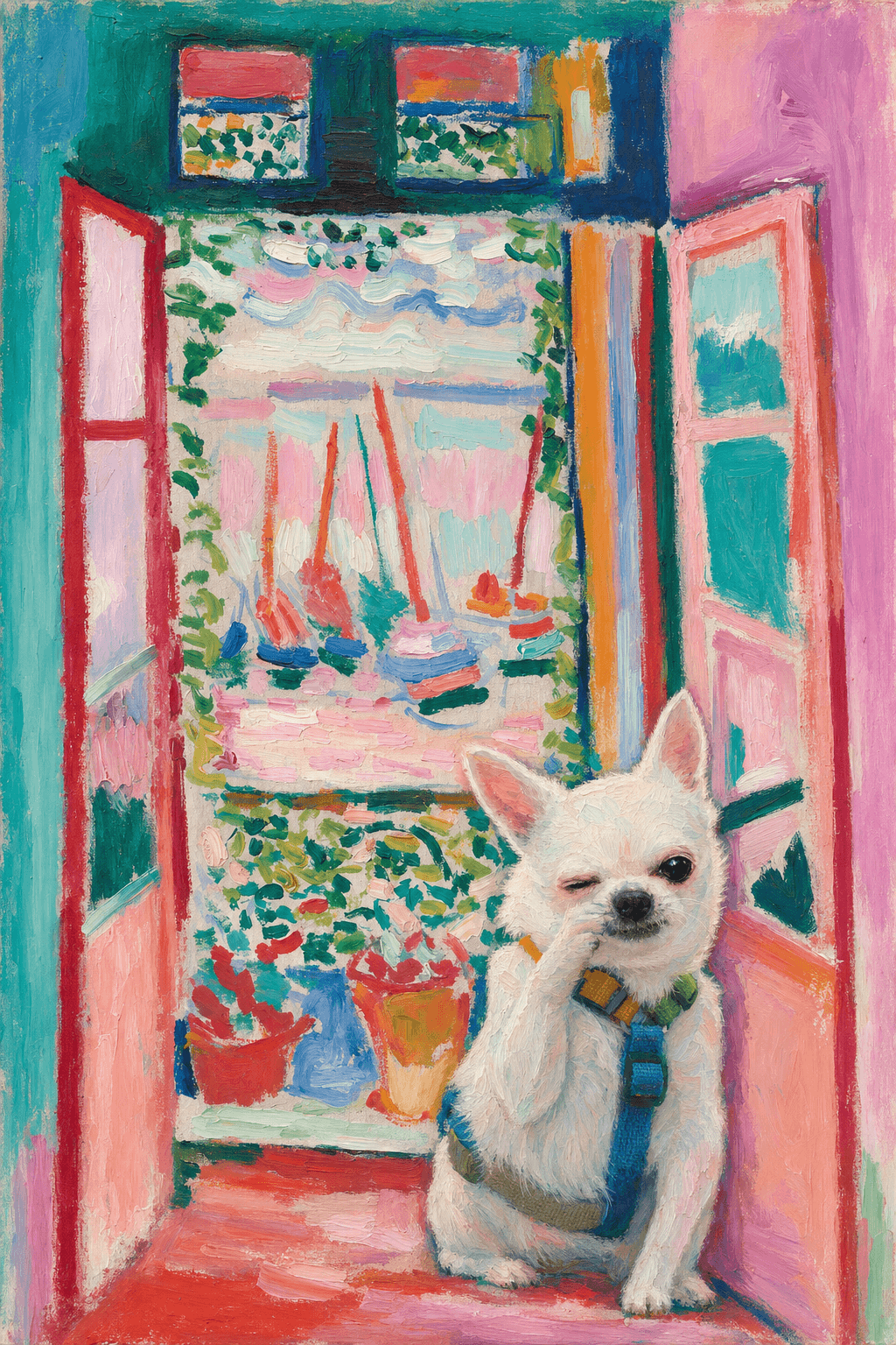 A pet sitting on the right bottom frame of an open door, with its back to the opening while facing the room, looking at the viewer, slight leaning on the right-side door panel. Paint in post-impressionism style. Use loosely painted, vibrantly colored, stylized, vertical painting.