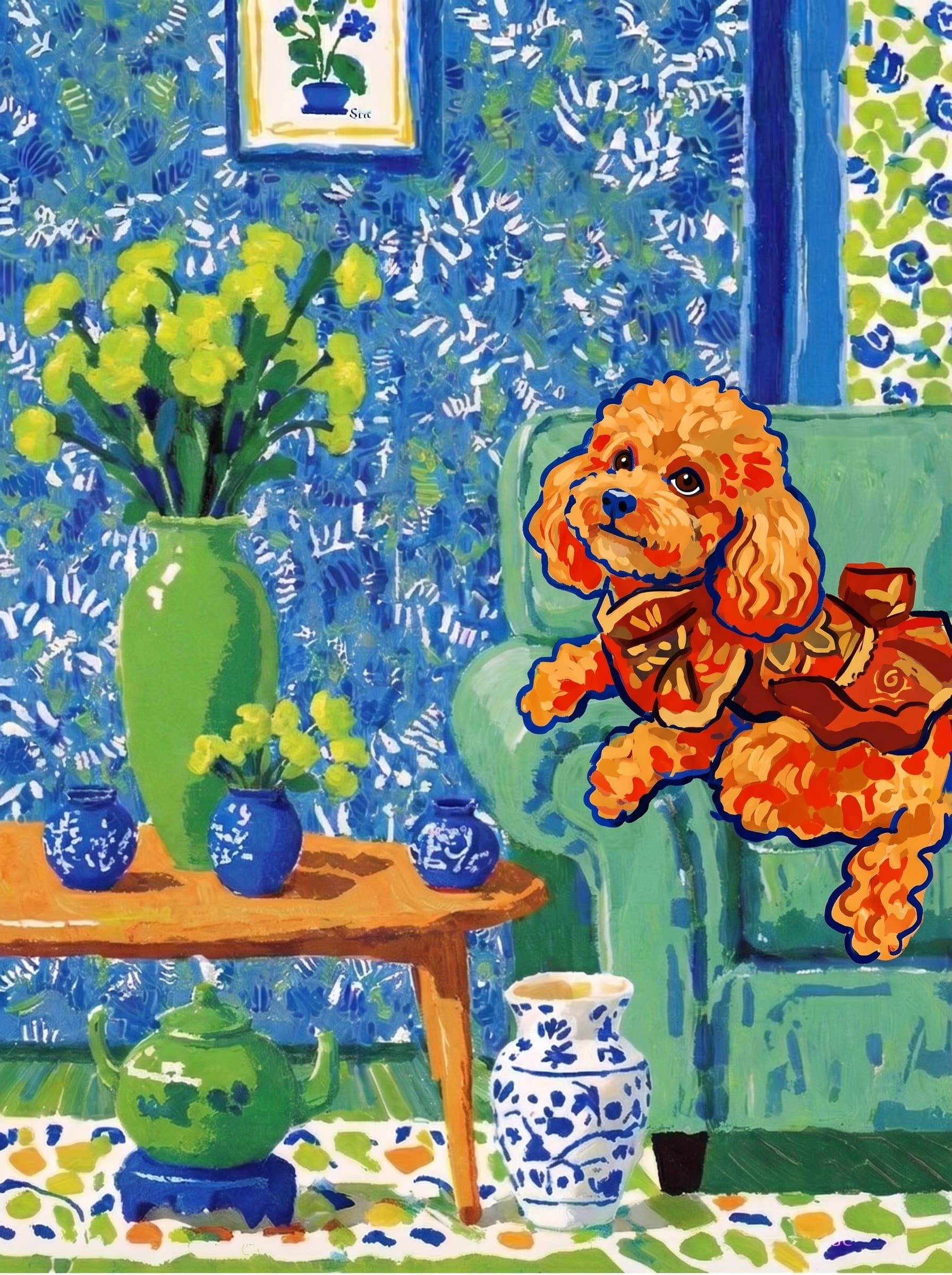 A pet lazy lying on the couch, with head tilt on the edge of couch, eye looking at the the vase. Art Style: Paint in Fauvism, post-impressionism style. Use simplified shapes, exaggerates color, and flattens perspective to create charm and personality.
Use saturated, non-naturalistic colors and flattened perspective reminiscent of Henri Matisse.
The brushwork is loose, visible, and painterly, with uneven strokes that give the surface texture and movement.
Paint with large areas of flat color patches, simplified shapes, bold decorative outlines, and minimal blending.
The composition is flattened and slightly distorted, with compressed perspective.
The painting is expressive, utilizing thick, confident strokes and quick, rhythmic marks that prioritize texture and visual energy over realistic blending or depth.
