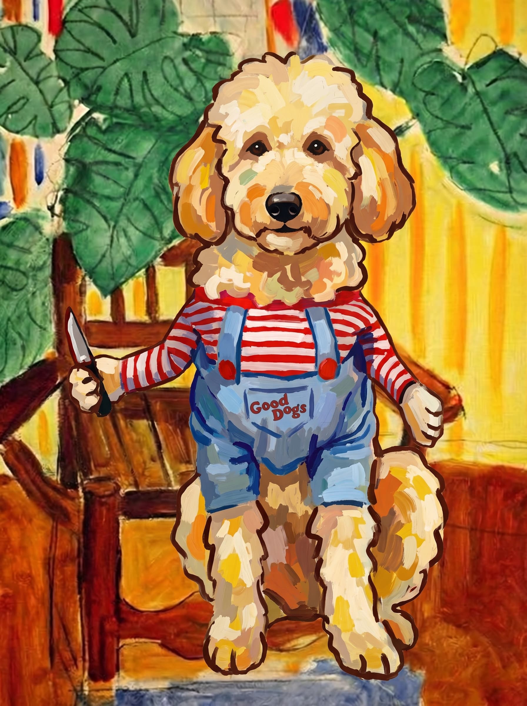A pet sitting on a brown chair, looking at the viewer. Art Style: Paint in Fauvism, post-impressionism style. Use simplified shapes, exaggerates color, and flattens perspective to create charm and personality.
Use saturated, non-naturalistic colors and flattened perspective reminiscent of Henri Matisse.
The brushwork is loose, visible, and painterly, with uneven strokes that give the surface texture and movement.
Paint with large areas of flat color patches, simplified shapes, bold decorative outlines, and minimal blending.
The composition is flattened and slightly distorted, with compressed perspective.
The painting is expressive, utilizing thick, confident strokes and quick, rhythmic marks that prioritize texture and visual energy over realistic blending or depth.