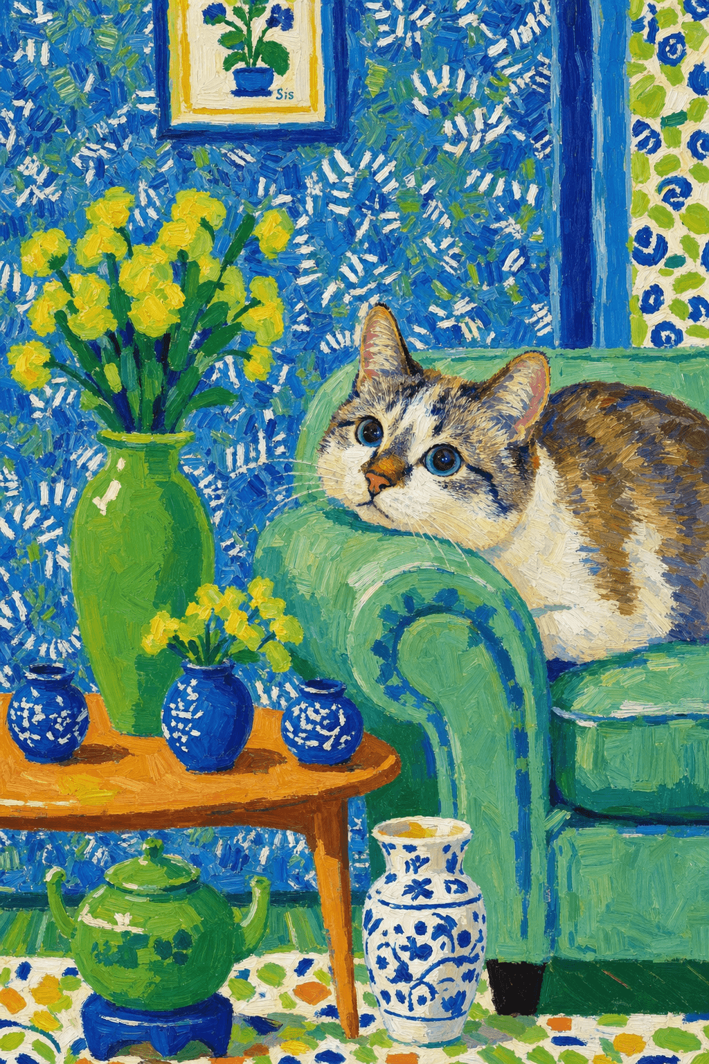 A pet lazy lying on the couch, with head tilt on the edge of couch, eye looking at the the vase. paint in post-impressionism style. Use saturated, non-naturalistic colors and flattened perspective reminiscent of Henri Matisse. painterly and expressive, utilizing thick, confident strokes and quick, rhythmic marks that prioritize texture and visual energy over realistic blending or depth.