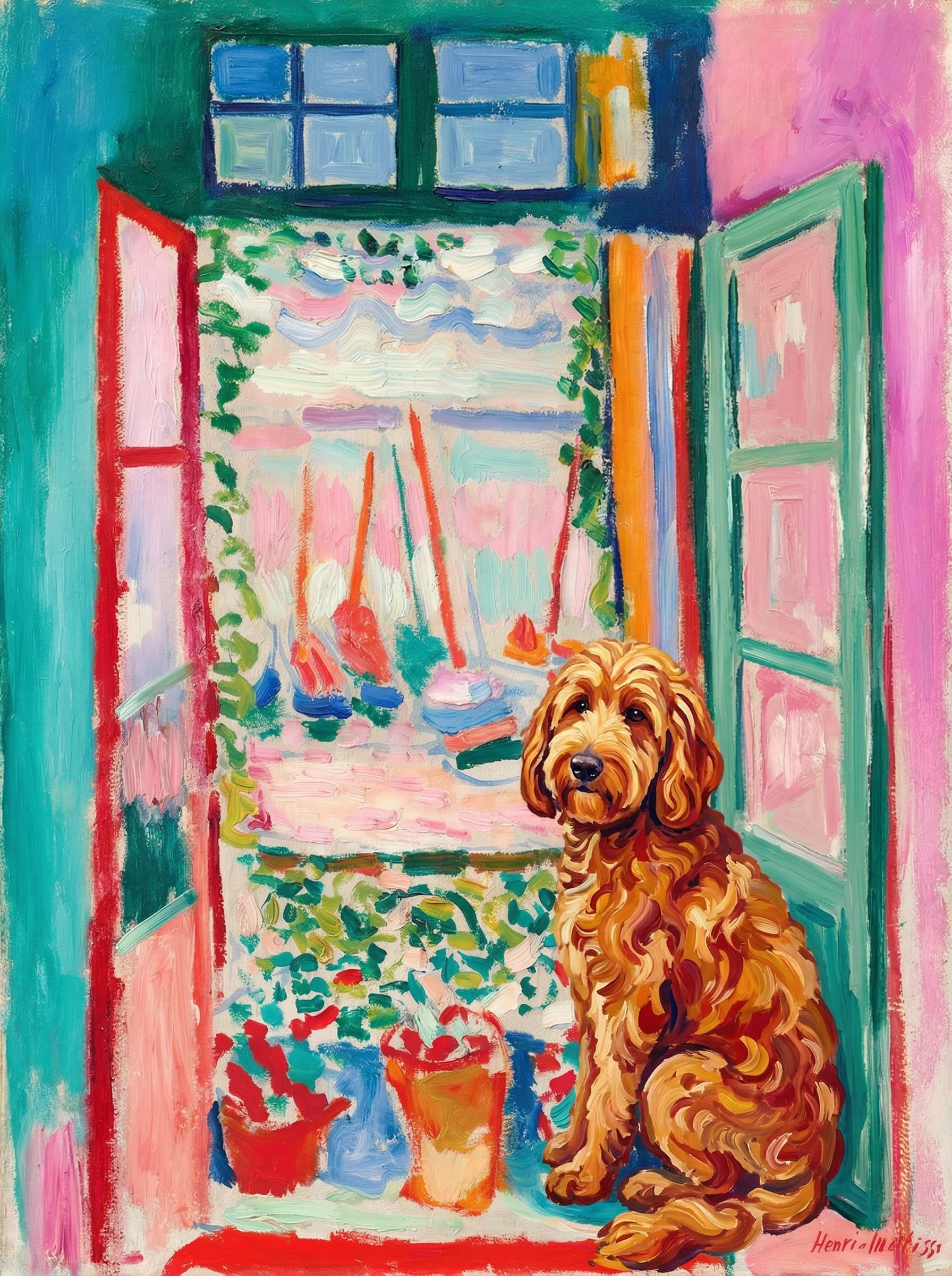A pet sitting on the right bottom frame of an open door, with its back to the opening while facing the room, looking at the viewer, slight leaning on the right-side door panel. Paint in post-impressionism style. Use loosely painted, vibrantly colored, stylized, vertical painting.