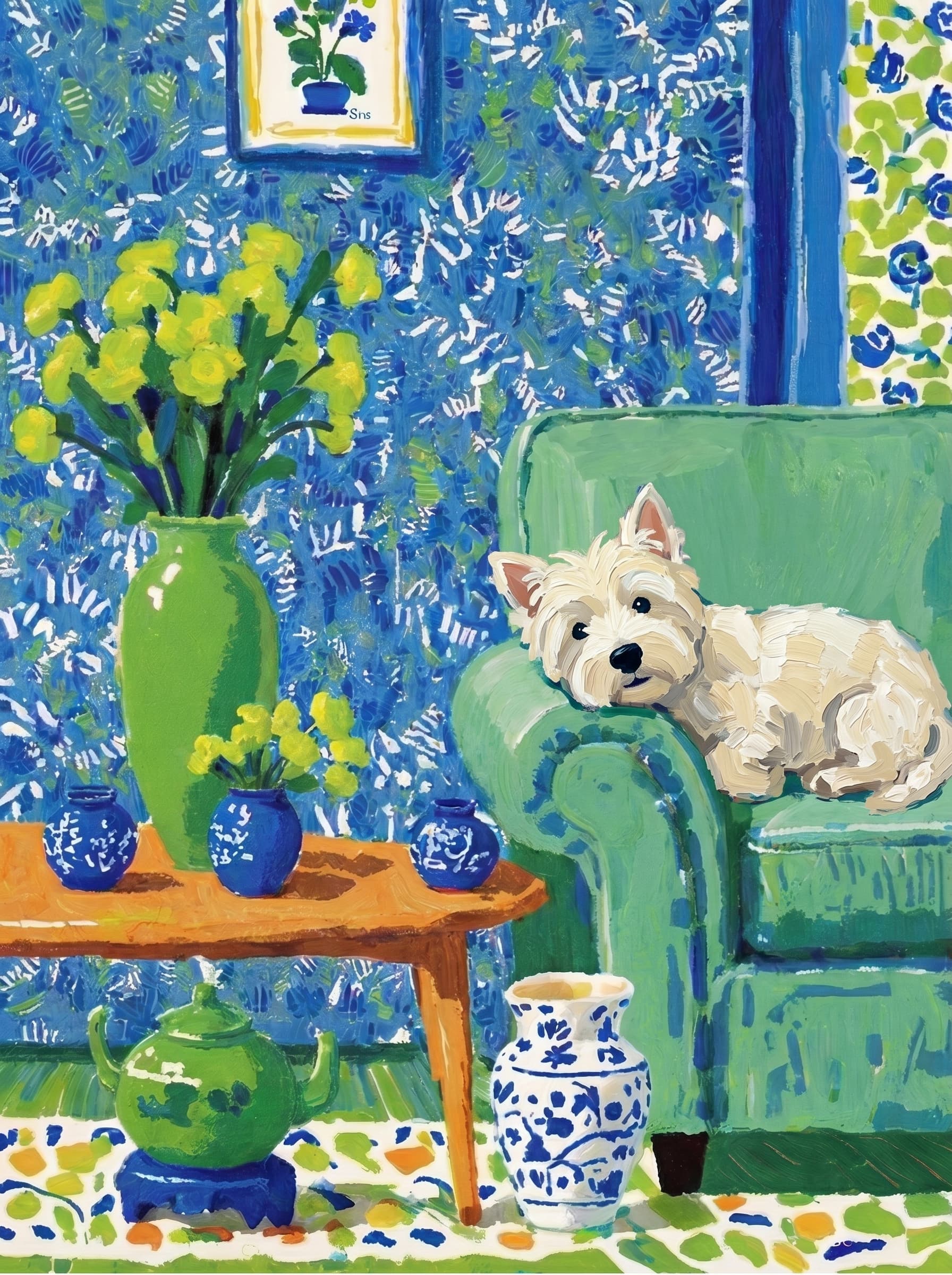 A pet lazy lying on the couch, with head tilt on the edge of couch, eye looking at the the vase. Art Style: Paint in Fauvism, post-impressionism style. Use simplified shapes, exaggerates color, and flattens perspective to create charm and personality.
Use saturated, non-naturalistic colors and flattened perspective reminiscent of Henri Matisse.
The brushwork is loose, visible, and painterly, with uneven strokes that give the surface texture and movement.
Paint with large areas of flat color patches, simplified shapes, bold decorative outlines, and minimal blending.
The composition is flattened and slightly distorted, with compressed perspective.
The painting is expressive, utilizing thick, confident strokes and quick, rhythmic marks that prioritize texture and visual energy over realistic blending or depth.