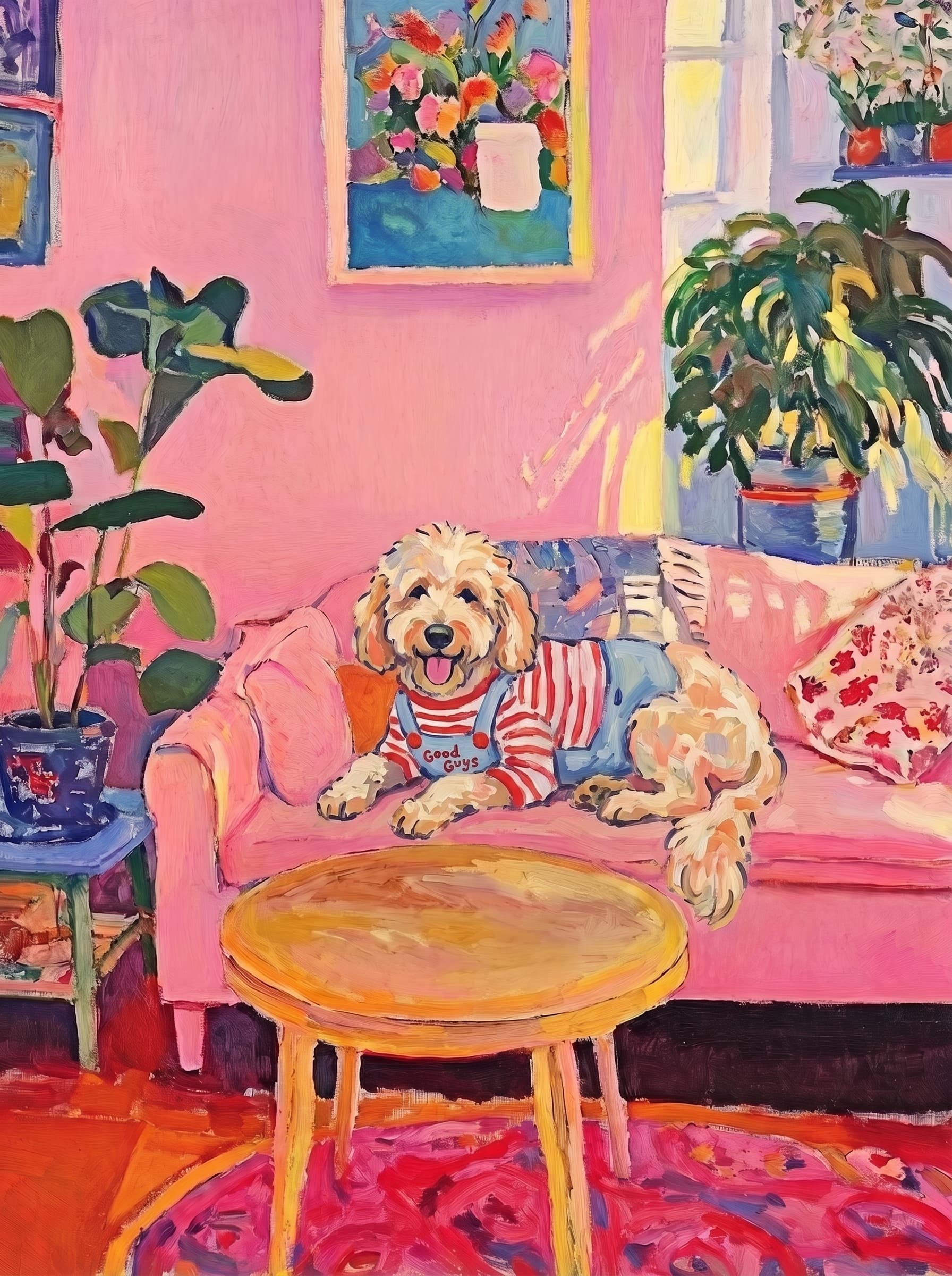 The painting shows a cozy, colorful interior with a warm pink wall and a large pink sofa in the foreground.
The pet is resting lazily on a bright pink velvet sofa. The pet’s looked completely relaxed and content.
The overall mood is cheerful and intimate, with bold outlines, visible brushstrokes, and slightly simplified forms.
Art Style: Paint in Fauvism, post-impressionism style. Use simplified shapes, exaggerates color, and flattens perspective to create charm and personality.
Use saturated, non-naturalistic colors and flattened perspective reminiscent of Henri Matisse.
The brushwork is loose, visible, and painterly, with uneven strokes that give the surface texture and movement.
Paint with large areas of flat color patches, simplified shapes, bold decorative outlines, and minimal blending.
The composition is flattened and slightly distorted, with compressed perspective.
The painting is expressive, utilizing thick, confident strokes and quick, rhythmic marks that prioritize texture and visual energy over realistic blending or depth.