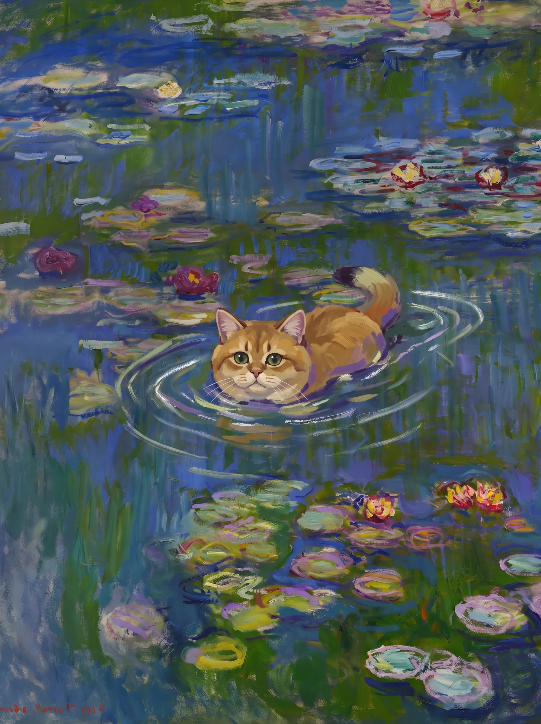 The pet should appear naturally integrated into the middle of the pond, swimming calmly through the water with only its head, upper neck, and a subtle suggestion of its back visible above the surface.
      The pet should be facing forward and looking directly at the viewer. Its wet fur should be suggested through painterly strokes.
      Blend the pet into the scene using Monet-like impressionist oil painting techniques: visible layered brushstrokes, soft broken color, blue-green reflections, violet shadows, golden-orange highlights, and shimmering ripples around the pet. 
      The water should partially obscure the pet’s body, with delicate circular ripples spreading outward. Nearby lily pads and water lilies should remain undisturbed but subtly interact with the ripples.
      The pet must feel like it was originally painted into the artwork, not pasted on top. Match the atmospheric softness, painterly texture, scale, perspective, and color harmony of the original Water Lilies painting. 
      Avoid photorealism, sharp outlines, modern digital effects, or excessive detail. The final image should look like a whimsical impressionist oil painting in the spirit of late Monet, with the pet quietly swimming among the lily pads at the center of the pond.
      Art Style: Paint in Fauvism, post-impressionism style. Use simplified shapes, exaggerates color, and flattens perspective to create charm and personality.
Use saturated, non-naturalistic colors and flattened perspective reminiscent of Henri Matisse.
The brushwork is loose, visible, and painterly, with uneven strokes that give the surface texture and movement.
Paint with large areas of flat color patches, simplified shapes, bold decorative outlines, and minimal blending.
The composition is flattened and slightly distorted, with compressed perspective.
The painting is expressive, utilizing thick, confident strokes and quick, rhythmic marks that prioritize texture and visual energy over realistic blending or depth.