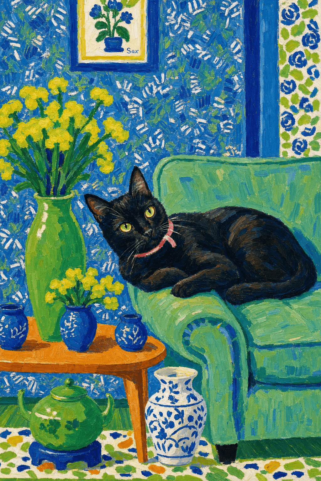 A pet lazy lying on the couch, with head tilt on the edge of couch, eye looking at the the vase. paint in post-impressionism style. Use saturated, non-naturalistic colors and flattened perspective reminiscent of Henri Matisse. painterly and expressive, utilizing thick, confident strokes and quick, rhythmic marks that prioritize texture and visual energy over realistic blending or depth.