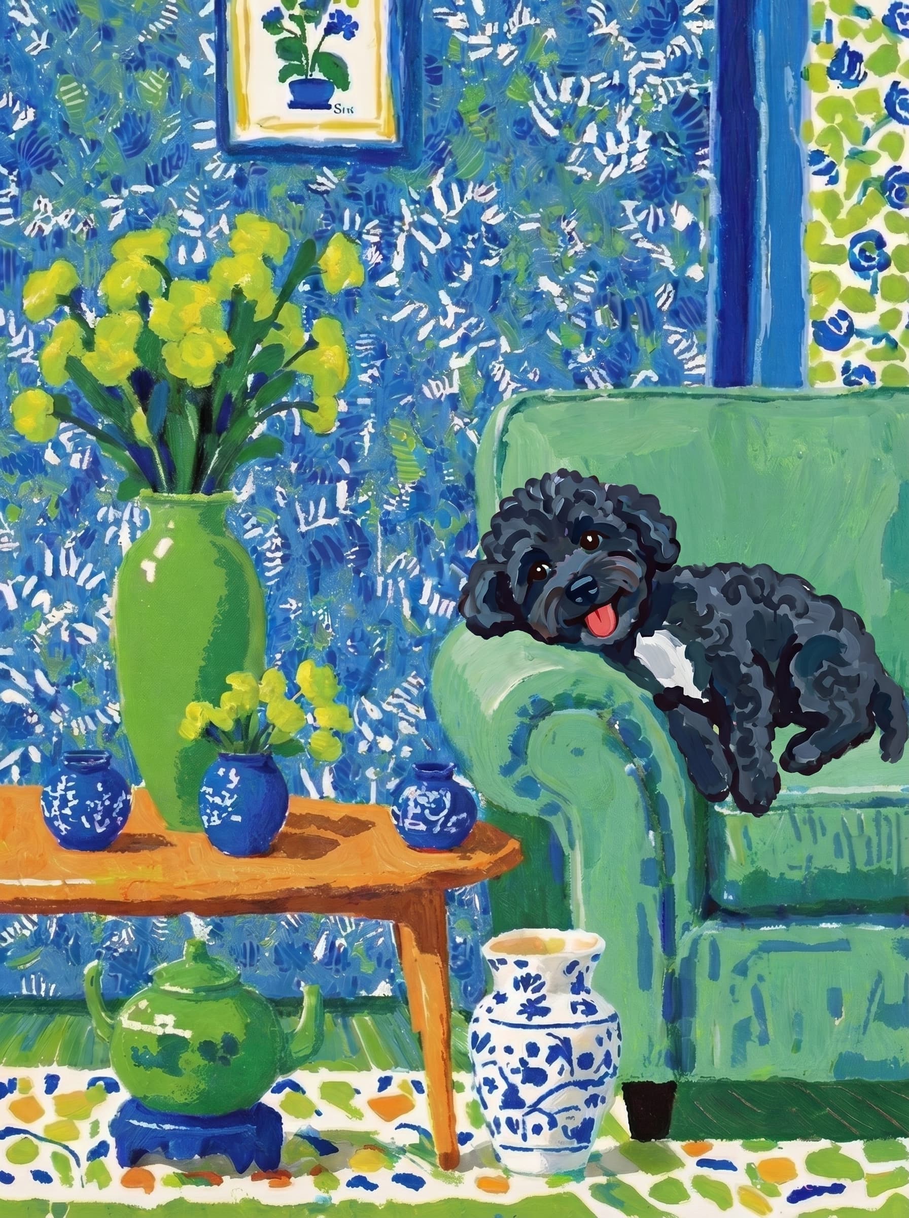 A pet lazy lying on the couch, with head tilt on the edge of couch, eye looking at the the vase. Art Style: Paint in Fauvism, post-impressionism style. Use simplified shapes, exaggerates color, and flattens perspective to create charm and personality.
Use saturated, non-naturalistic colors and flattened perspective reminiscent of Henri Matisse.
The brushwork is loose, visible, and painterly, with uneven strokes that give the surface texture and movement.
Paint with large areas of flat color patches, simplified shapes, bold decorative outlines, and minimal blending.
The composition is flattened and slightly distorted, with compressed perspective.
The painting is expressive, utilizing thick, confident strokes and quick, rhythmic marks that prioritize texture and visual energy over realistic blending or depth.