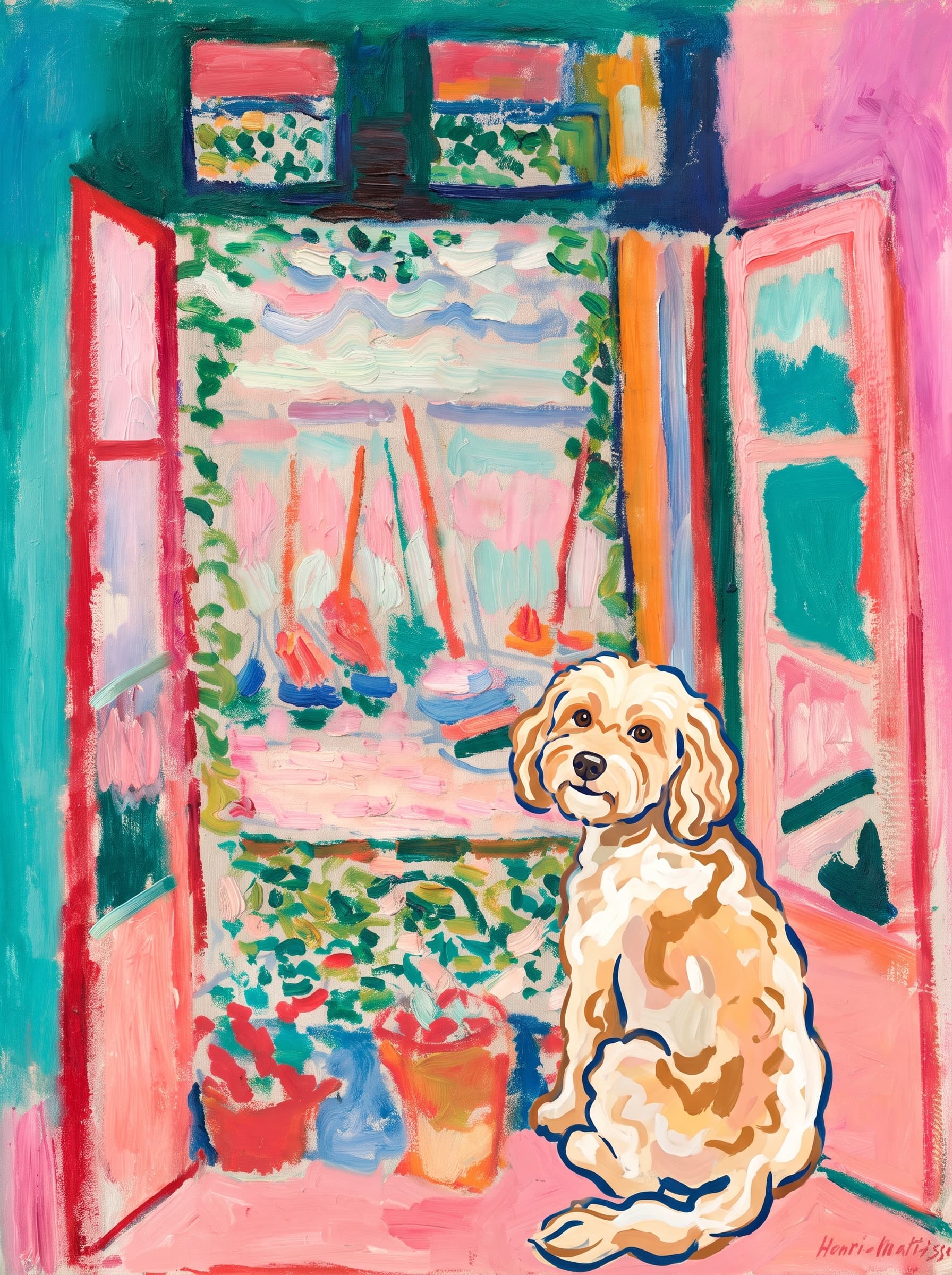 A pet sitting on the right bottom frame of an open door, with its back to the opening while facing the room, looking at the viewer, slight leaning on the right-side door panel. Art Style: Paint in Fauvism, post-impressionism style. Use simplified shapes, exaggerates color, and flattens perspective to create charm and personality.
Use saturated, non-naturalistic colors and flattened perspective reminiscent of Henri Matisse.
The brushwork is loose, visible, and painterly, with uneven strokes that give the surface texture and movement.
Paint with large areas of flat color patches, simplified shapes, bold decorative outlines, and minimal blending.
The composition is flattened and slightly distorted, with compressed perspective.
The painting is expressive, utilizing thick, confident strokes and quick, rhythmic marks that prioritize texture and visual energy over realistic blending or depth.