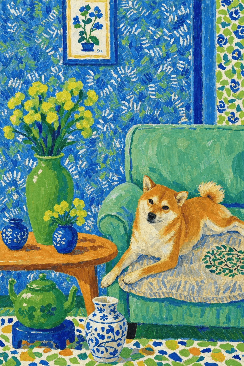 A pet lazy lying on the couch, with head tilt on the edge of couch, eye looking at the the vase. paint in post-impressionism style. Use saturated, non-naturalistic colors and flattened perspective reminiscent of Henri Matisse. painterly and expressive, utilizing thick, confident strokes and quick, rhythmic marks that prioritize texture and visual energy over realistic blending or depth.