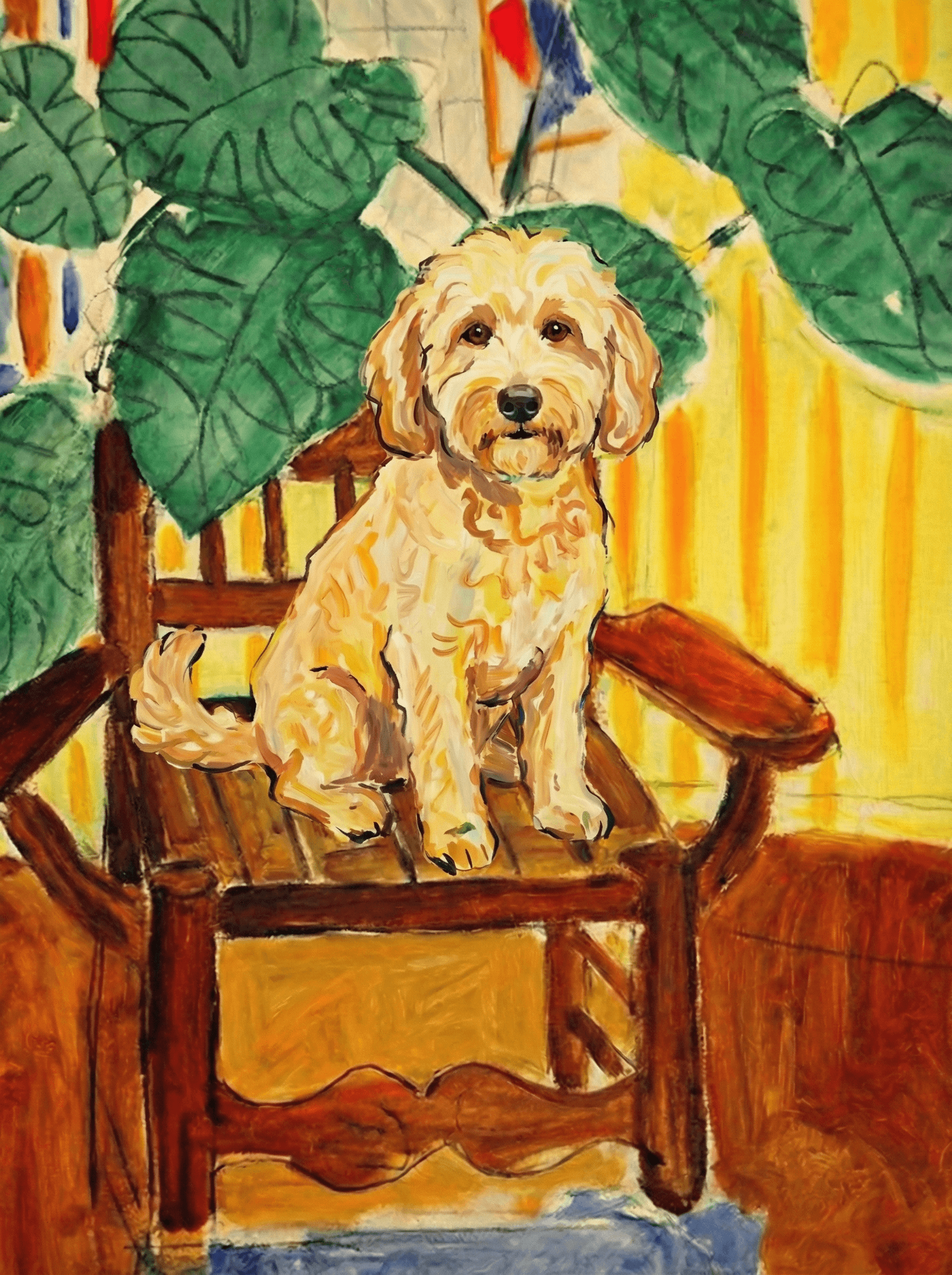 A pet sitting on a brown chair, looking at the viewer. Colors are applied with minimal blending, creating a flat, illustrative feel. The brushwork is broad, rapid, and direct. Strokes are loose, visible, applied thinly, defining the forms quickly without building up significant physical texture or impasto on the surface.